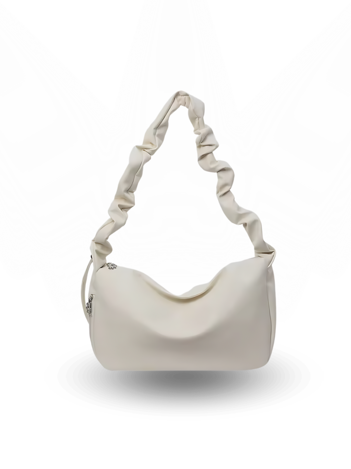 White handbag with ruched handle on a white background
