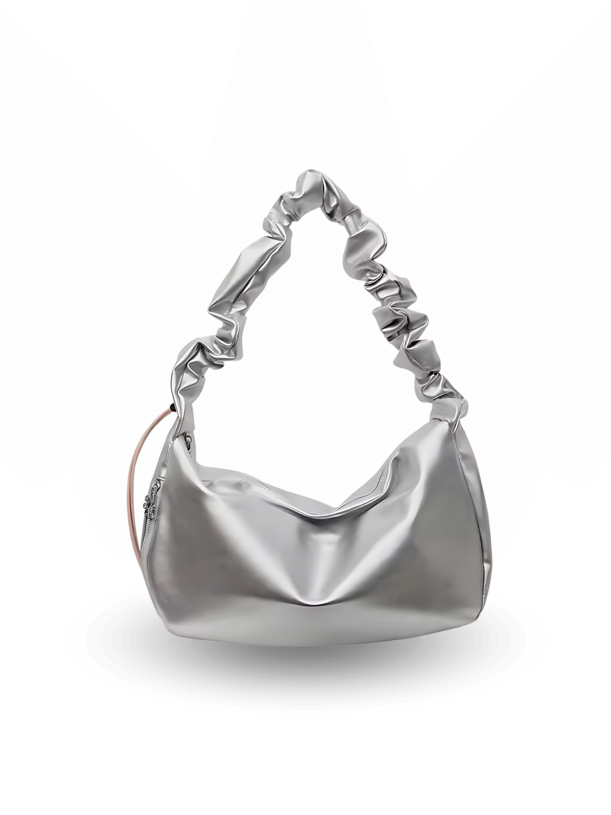 Silver handbag with a textured handle on a white background