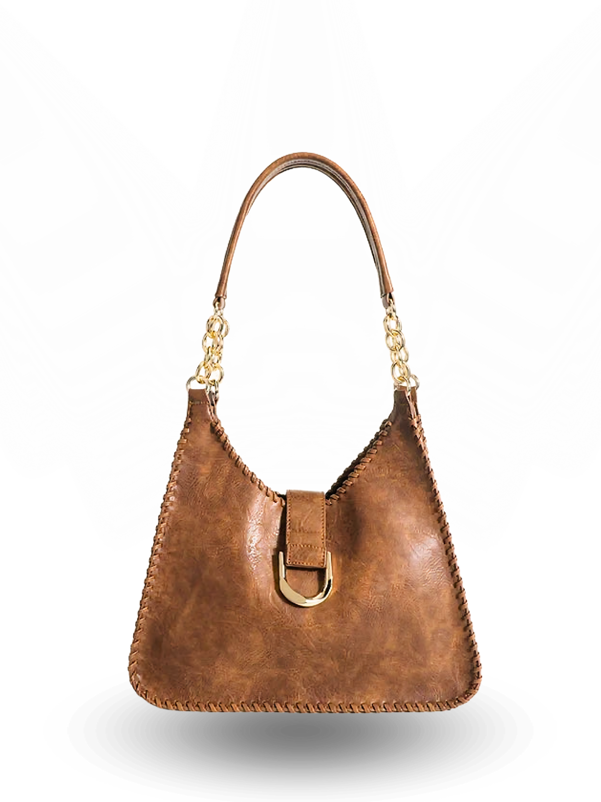 Trapezoid-shaped brown leather handbag with wide base, tapered top, stitched edges, and a single handle featuring gold chain accents, finished with a front strap and gold buckle detail.