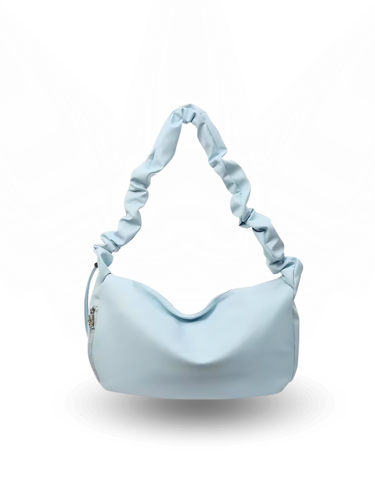 Light blue handbag with a ruched handle on a white background