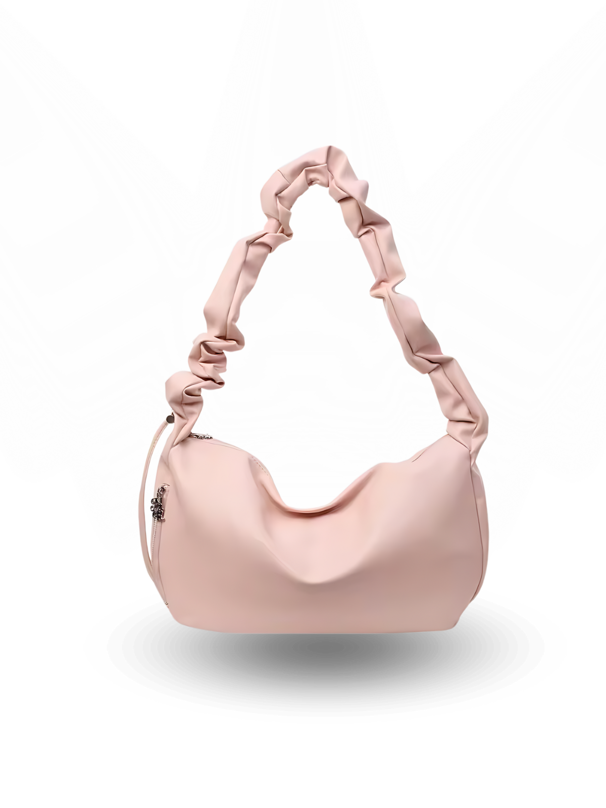 Pink handbag with ruched handle on a white background