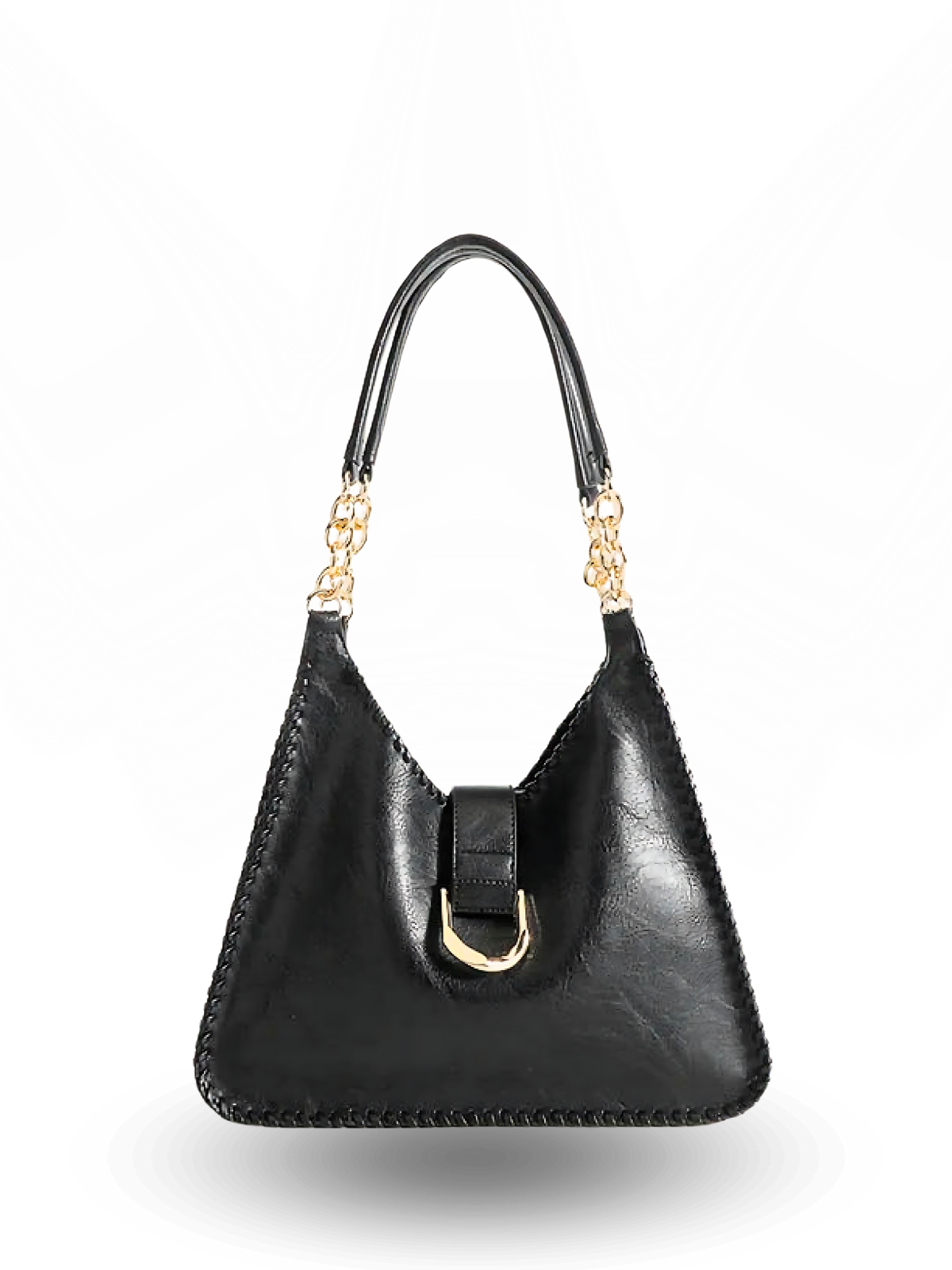 Trapezoid-shaped black leather handbag with wide base, tapered top, stitched edges, and a single handle featuring gold chain accents, finished with a front strap and gold buckle detail.