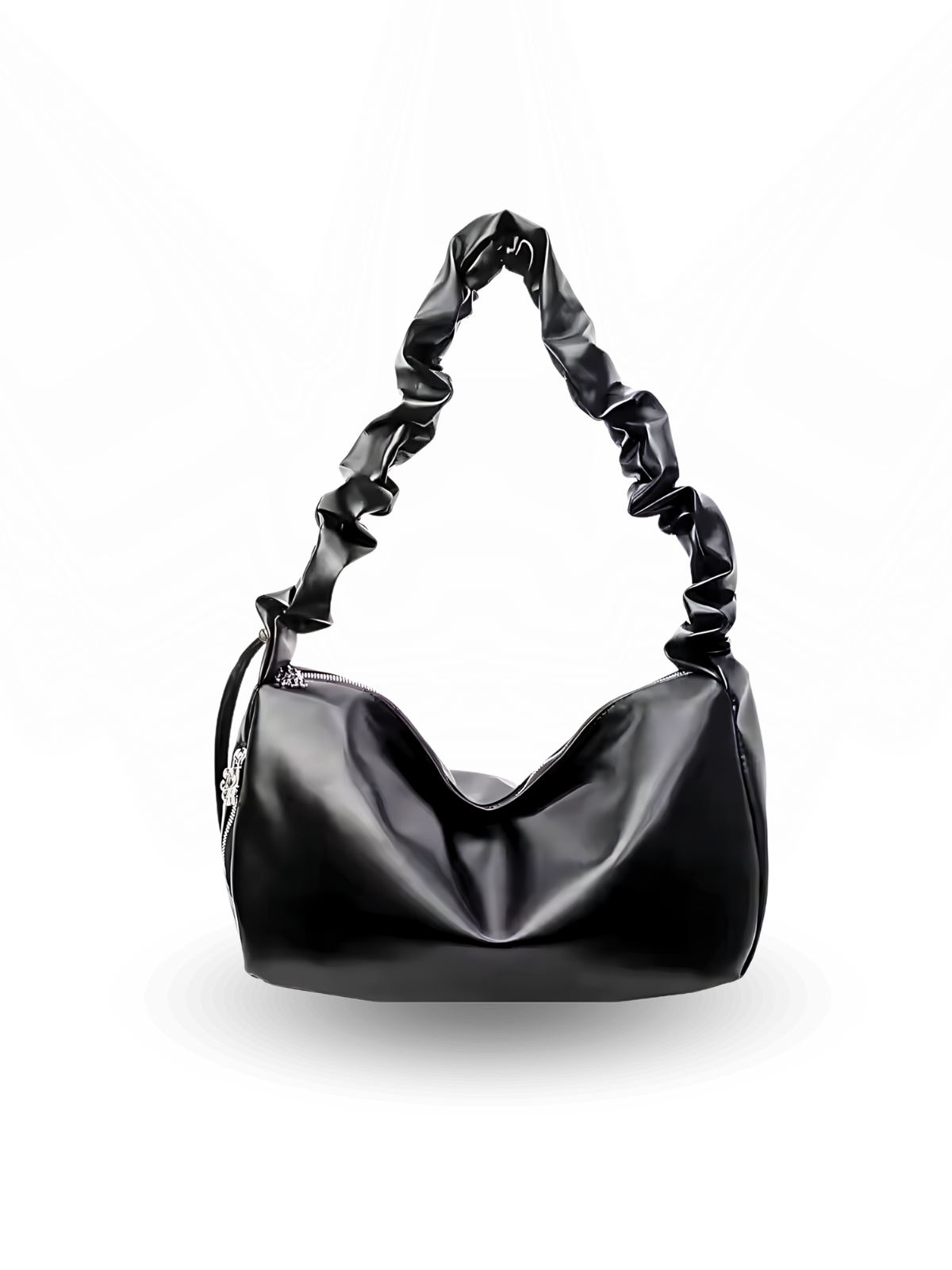 Black handbag with textured handle on a white background