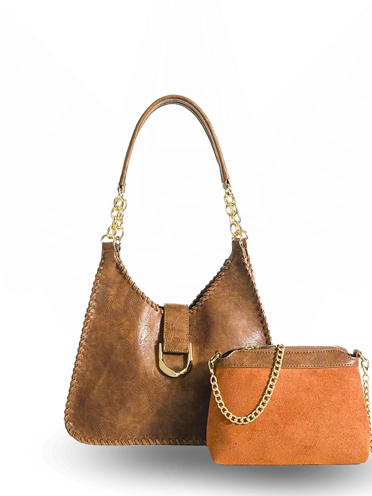 Trapezoid-shaped brown leather handbag with wide base, tapered top, stitched edges, and a single handle featuring gold chain accents, finished with a front strap and gold buckle detail.