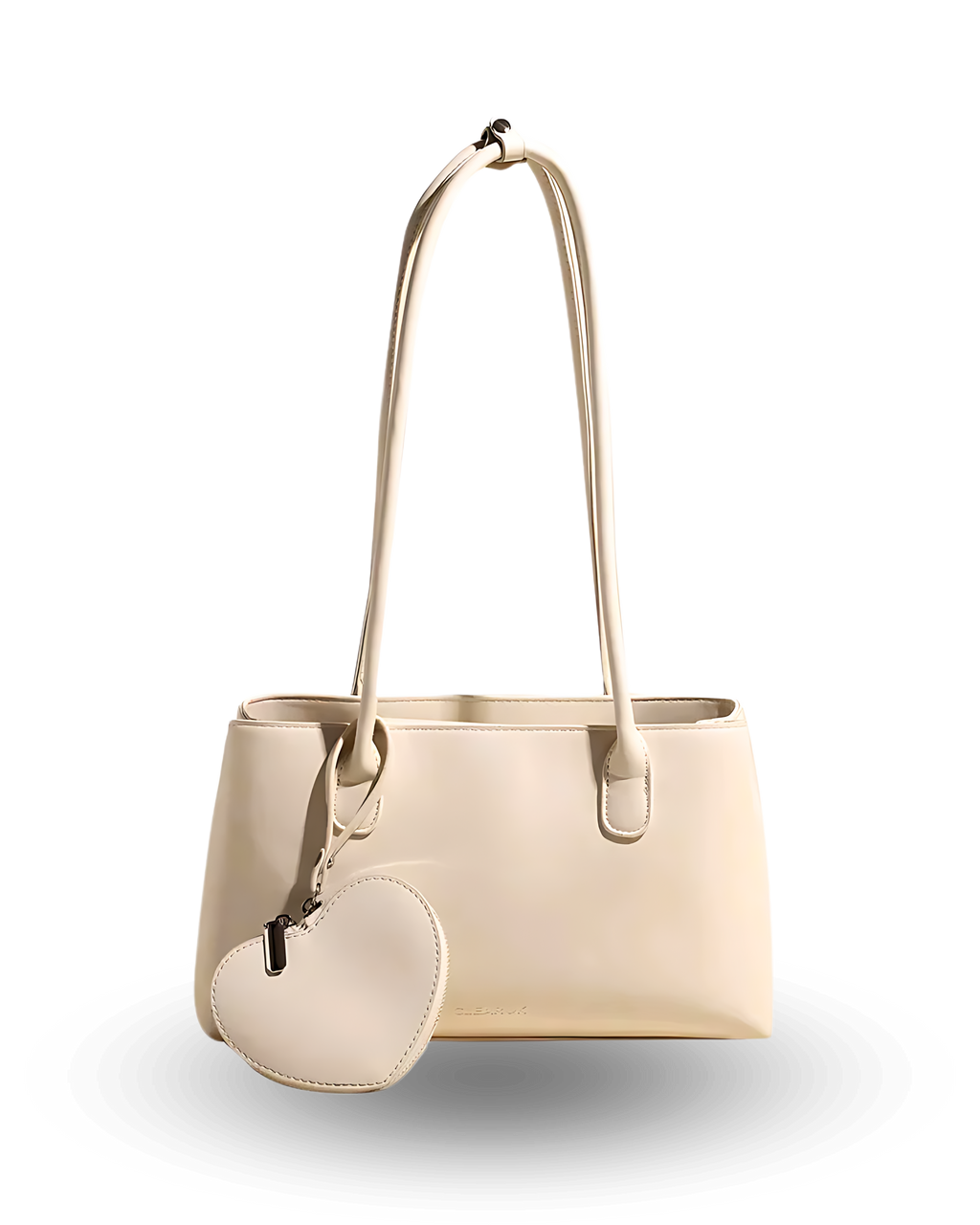 Beige handbag with matching heart-shaped pouch on a white background