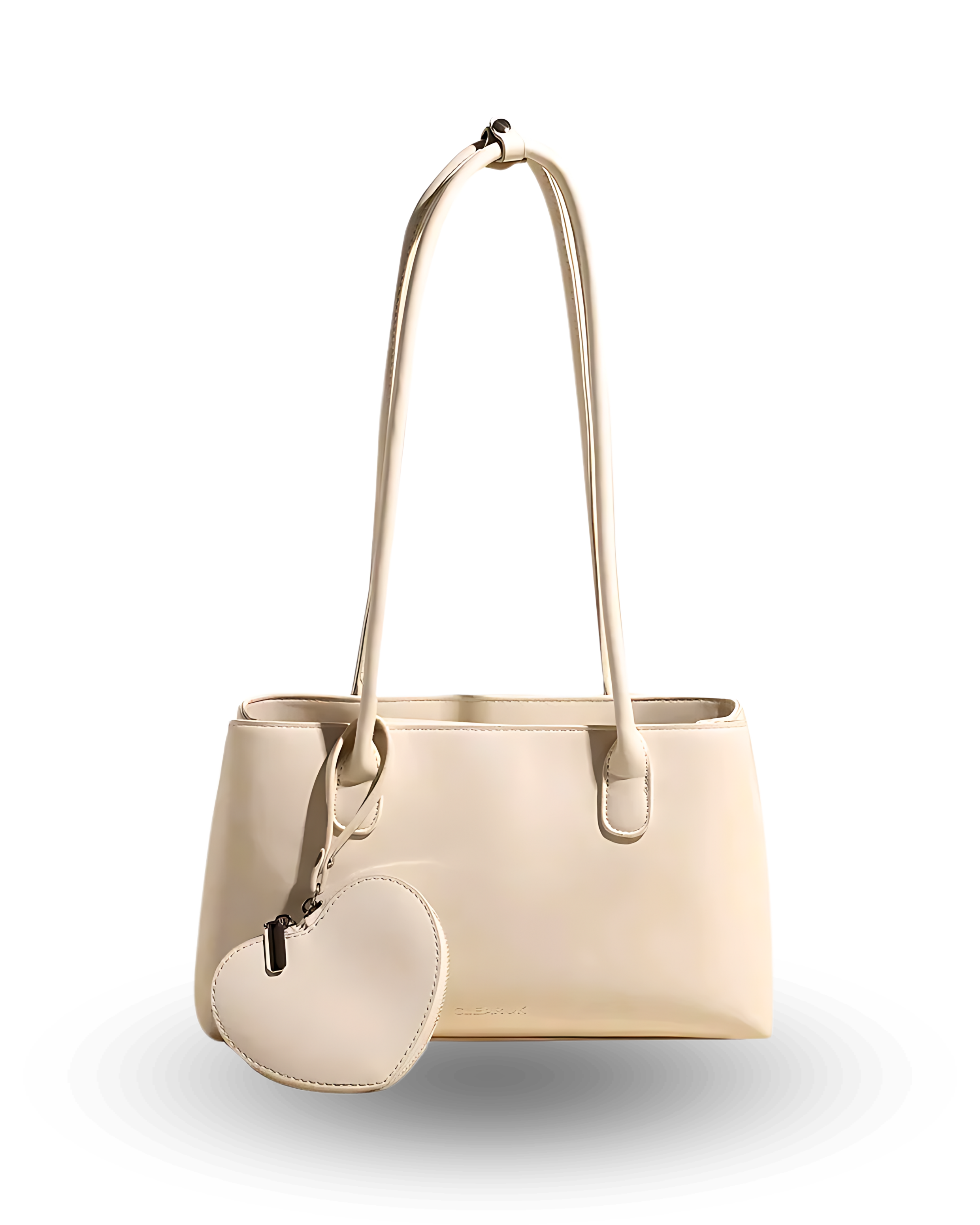 Beige handbag with matching heart-shaped pouch on a white background