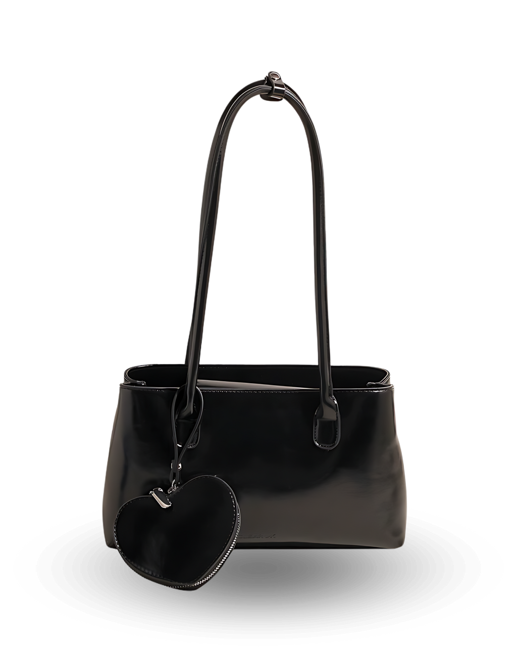 Black handbag with a matching heart-shaped pouch on a white background