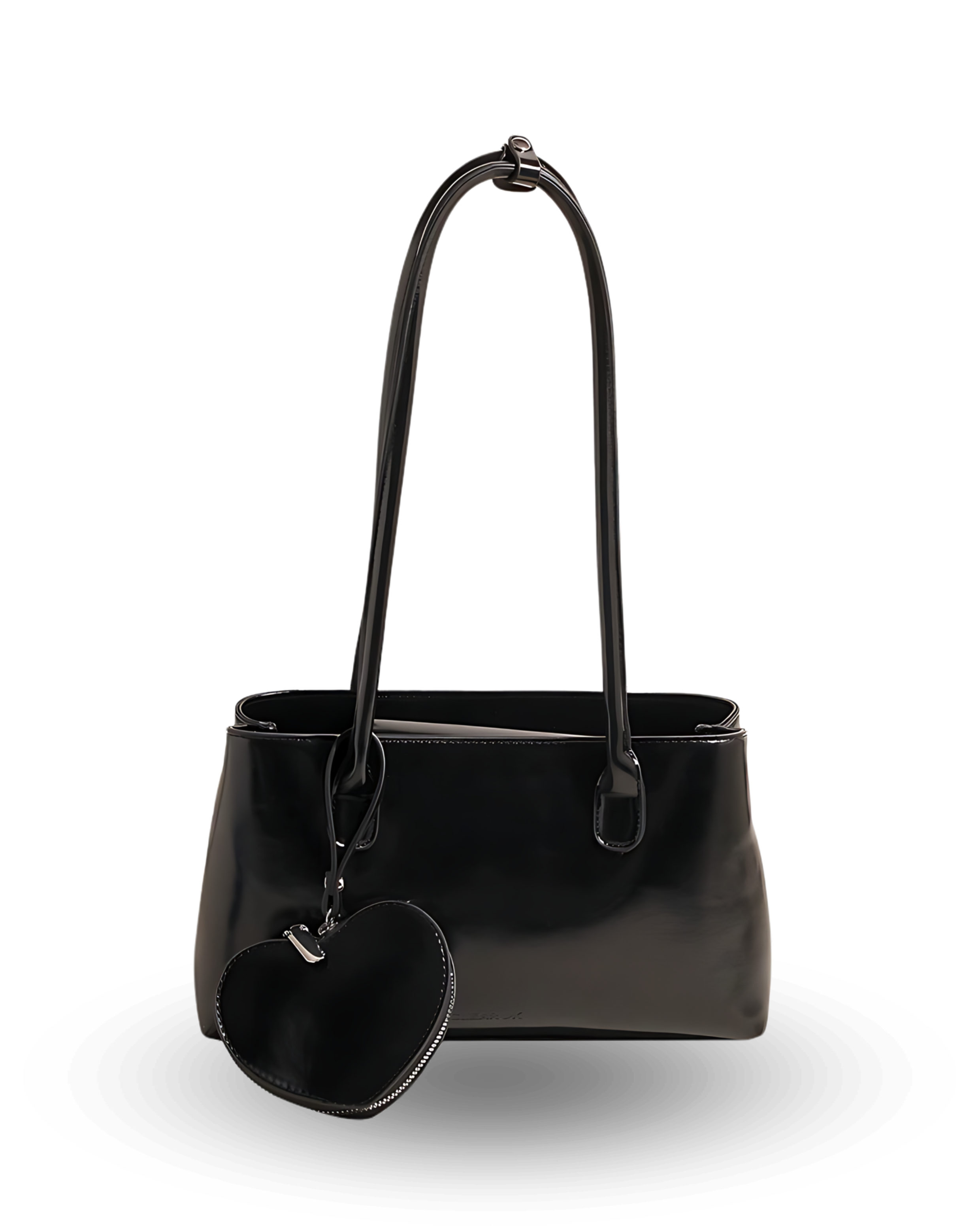 Black handbag with a matching heart-shaped pouch on a white background