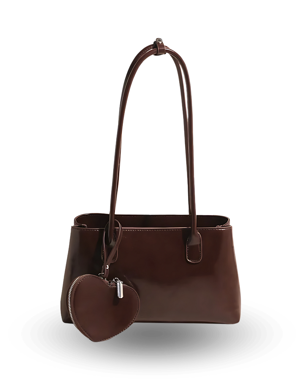 Brown handbag with a matching heart-shaped pouch on a white background