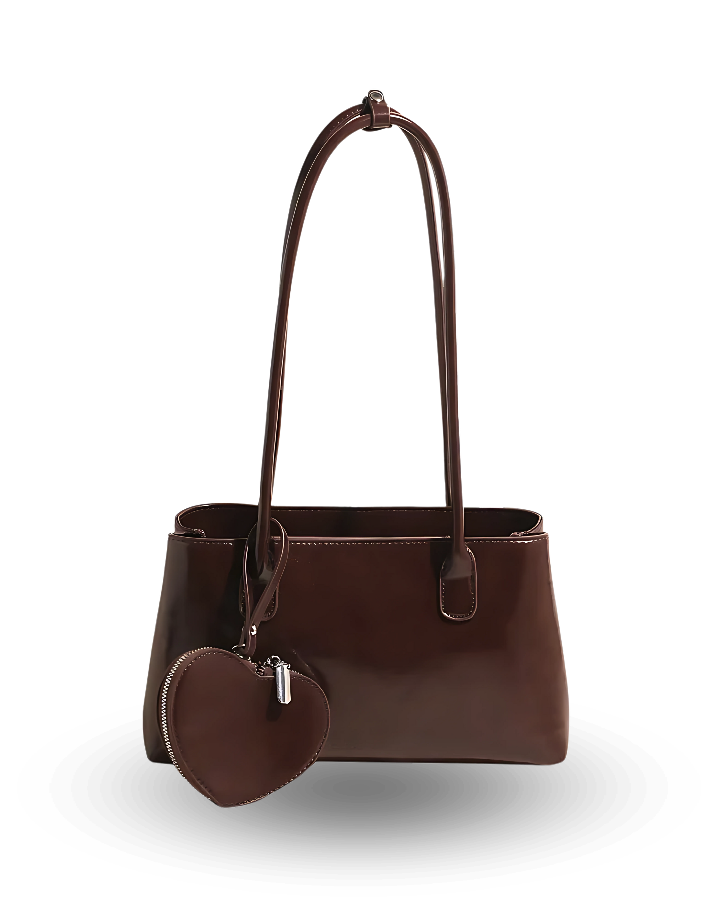 Brown handbag with a matching heart-shaped pouch on a white background