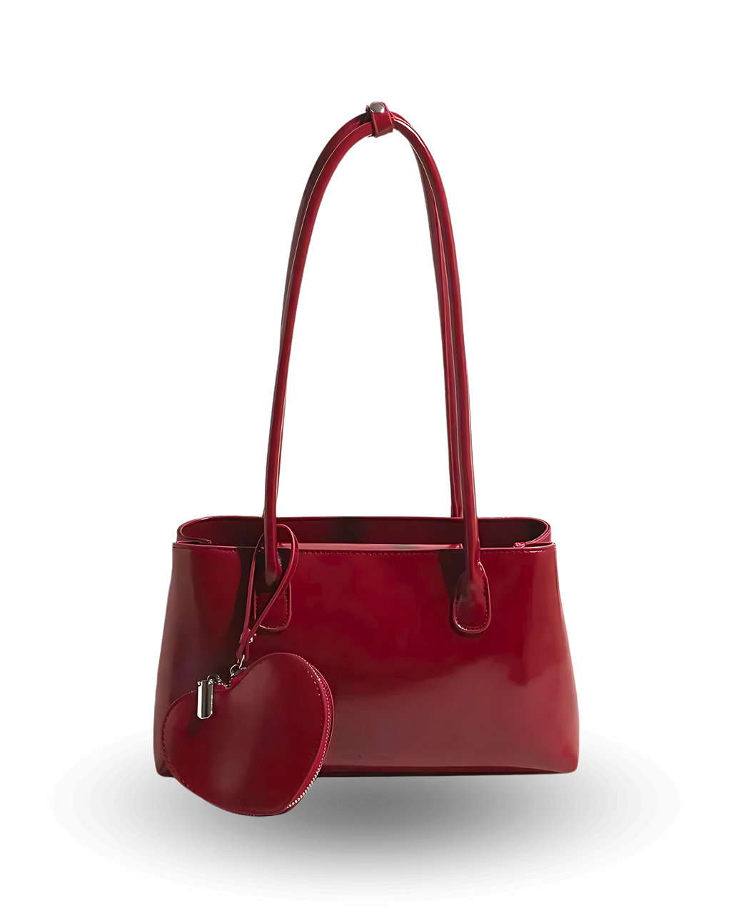 Red handbag with a matching round pouch on a white background
