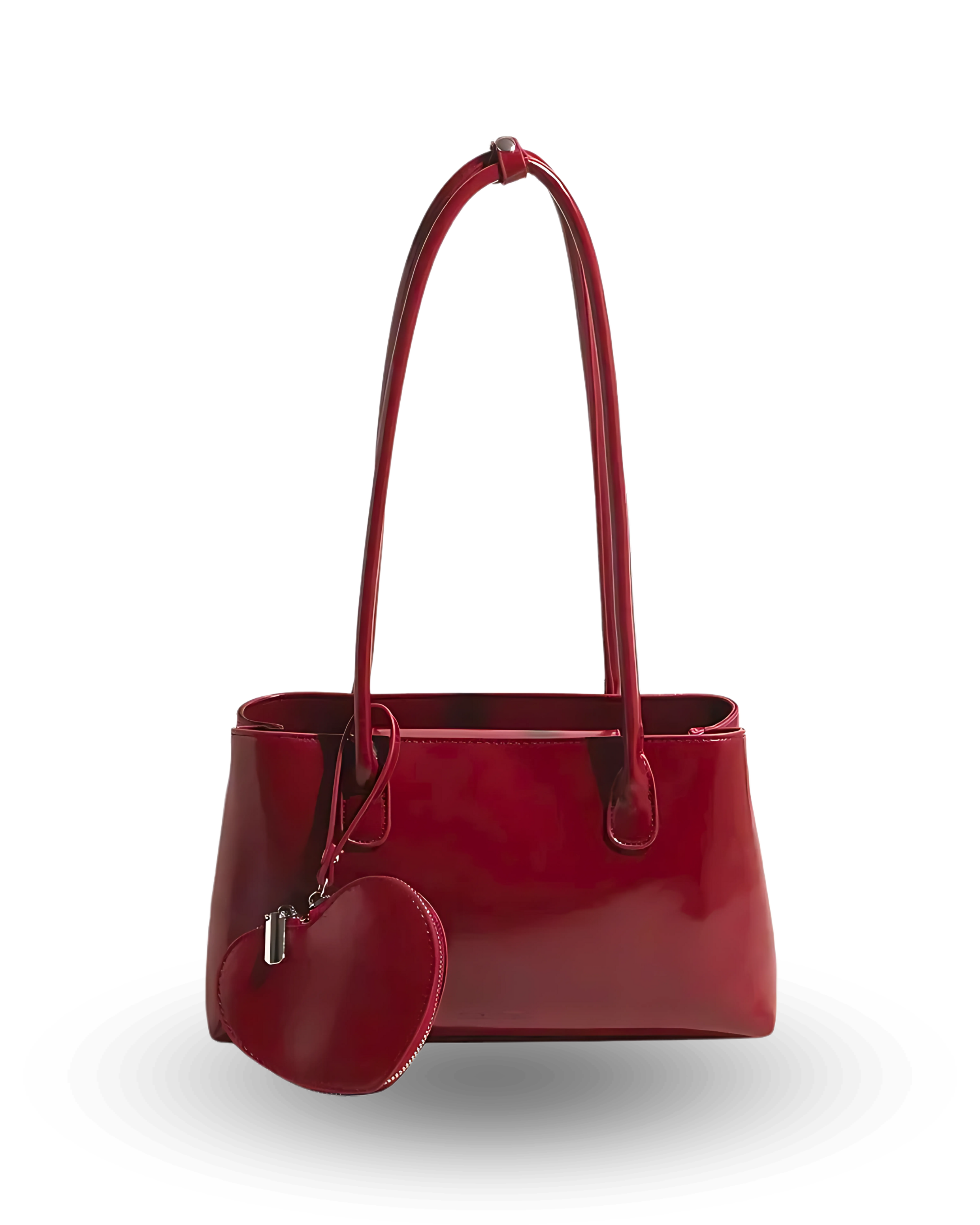 Red handbag with a matching round pouch on a white background