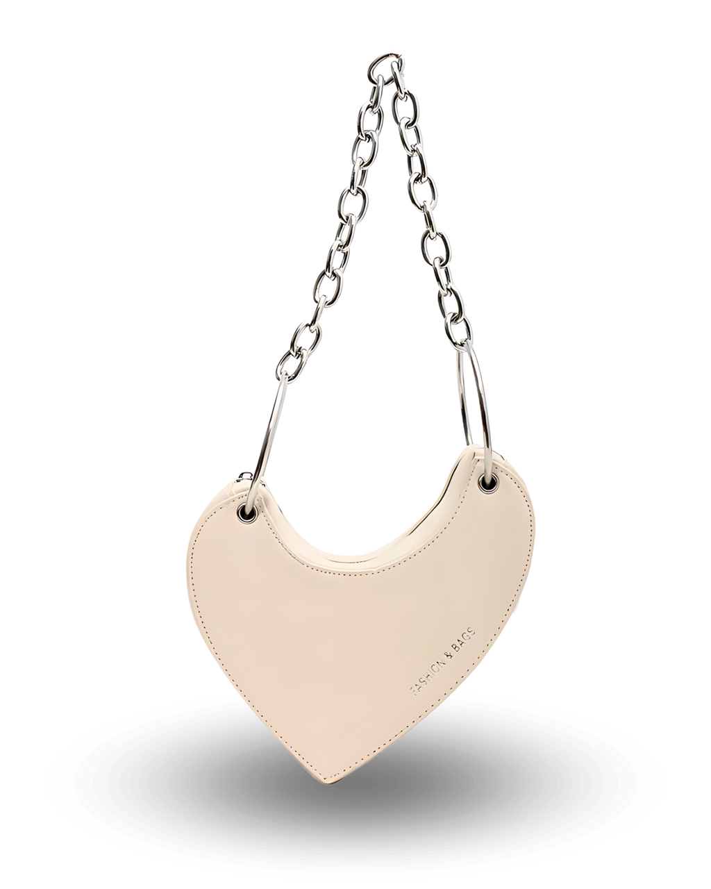 Trendy cream heart-shaped handbag with chunky silver chain strap, sleek asymmetrical design, and minimalist finish for a bold statement look