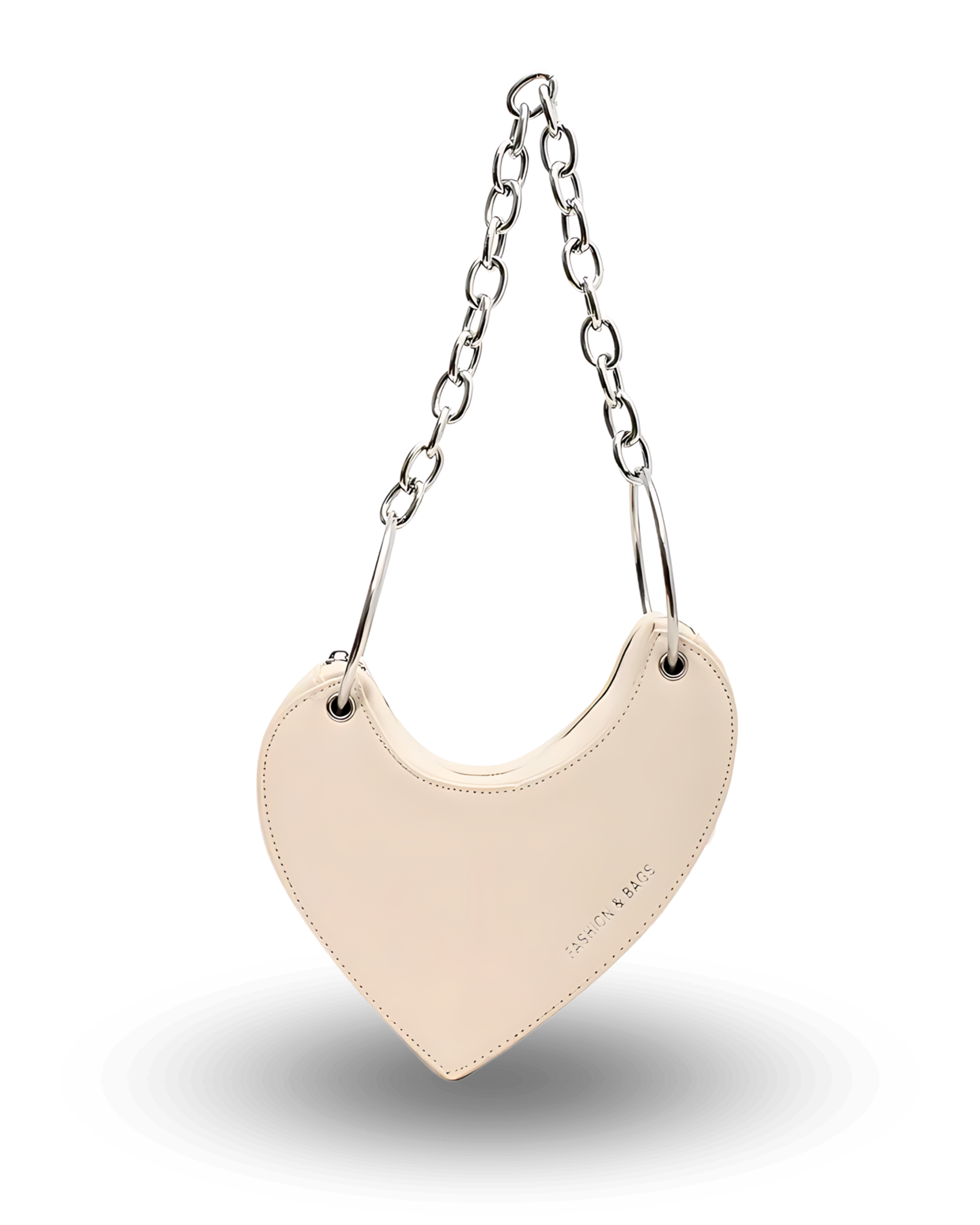 Trendy cream heart-shaped handbag with chunky silver chain strap, sleek asymmetrical design, and minimalist finish for a bold statement look