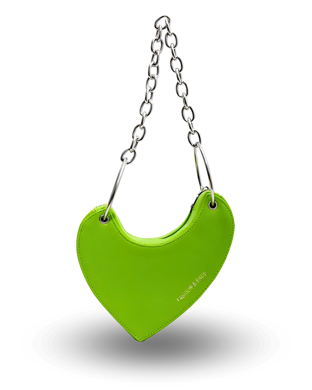 Bold neon green heart-shaped handbag with chunky silver chain strap, sleek asymmetrical design, and edgy statement style perfect for night outs or streetwear looks.