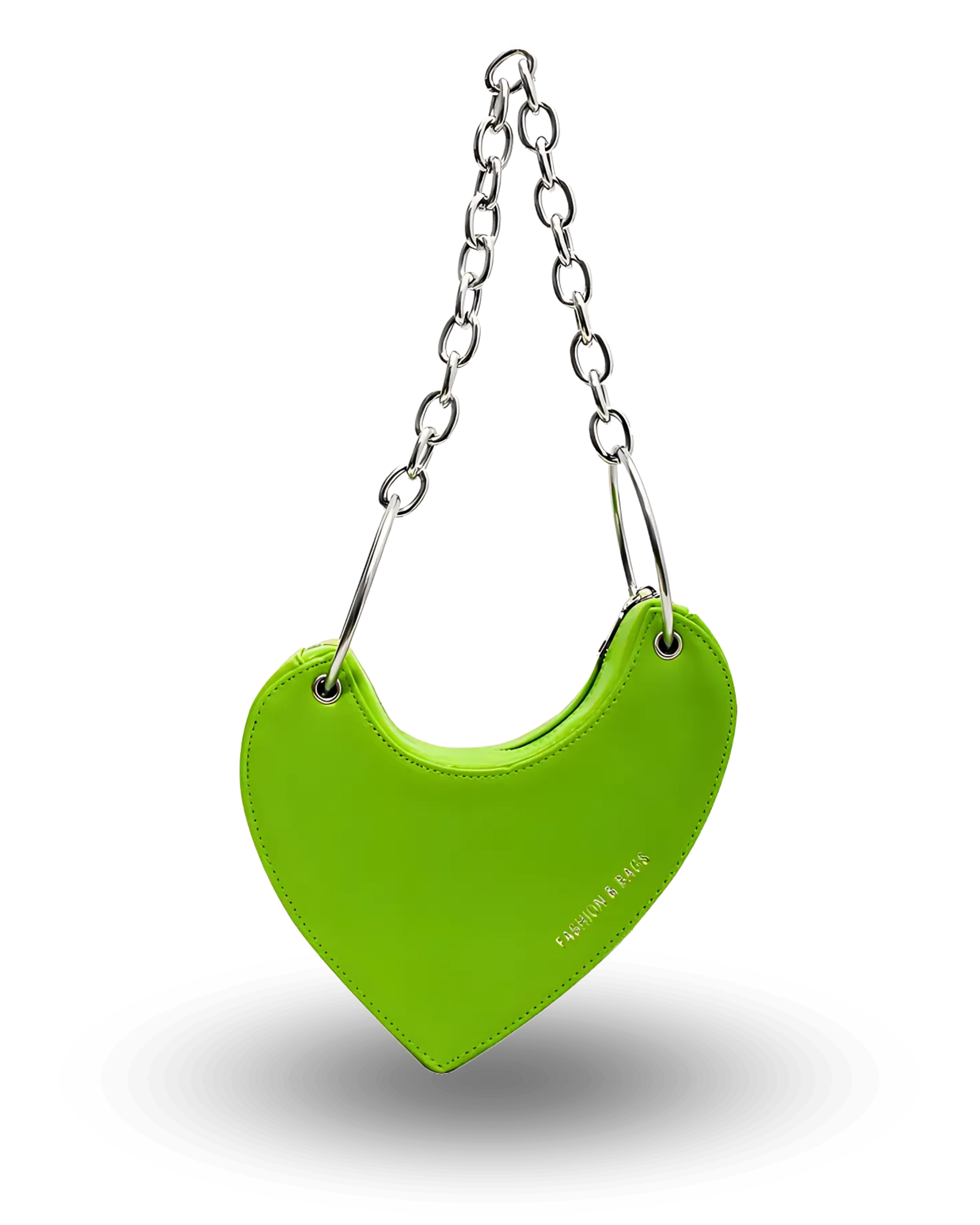 Bold neon green heart-shaped handbag with chunky silver chain strap, sleek asymmetrical design, and edgy statement style perfect for night outs or streetwear looks.