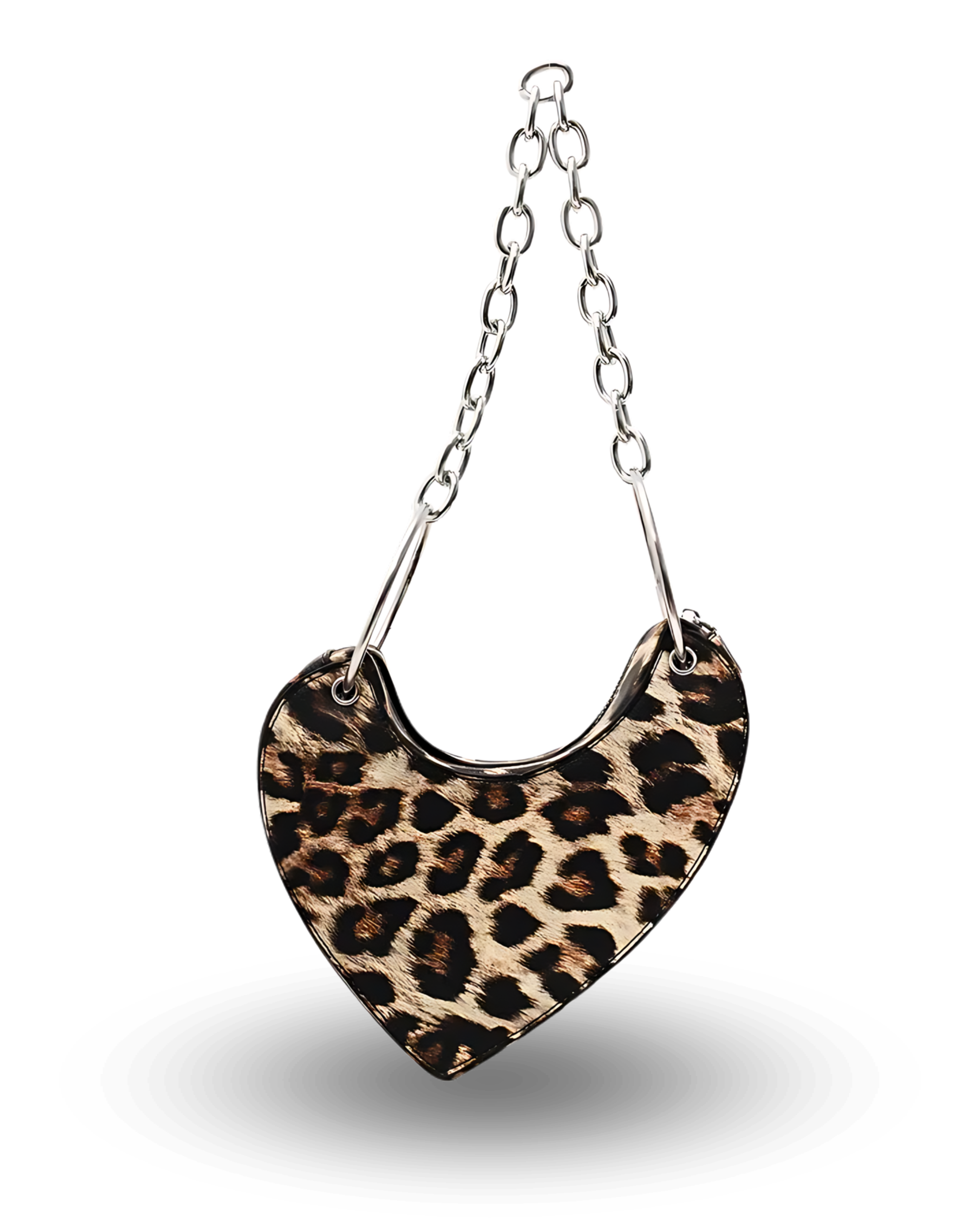 Leopard print heart-shaped handbag with chunky silver chain strap, asymmetrical saddle design, and bold statement style perfect for night outs or trendy streetwear looks