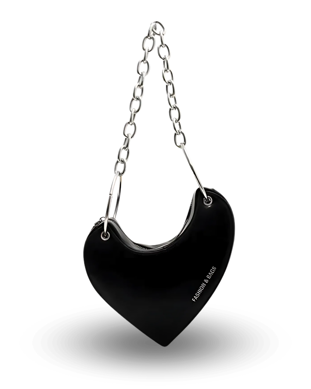 Edgy black heart-shaped handbag with chunky silver chain strap, glossy finish, and bold asymmetrical design for a chic night-out look.