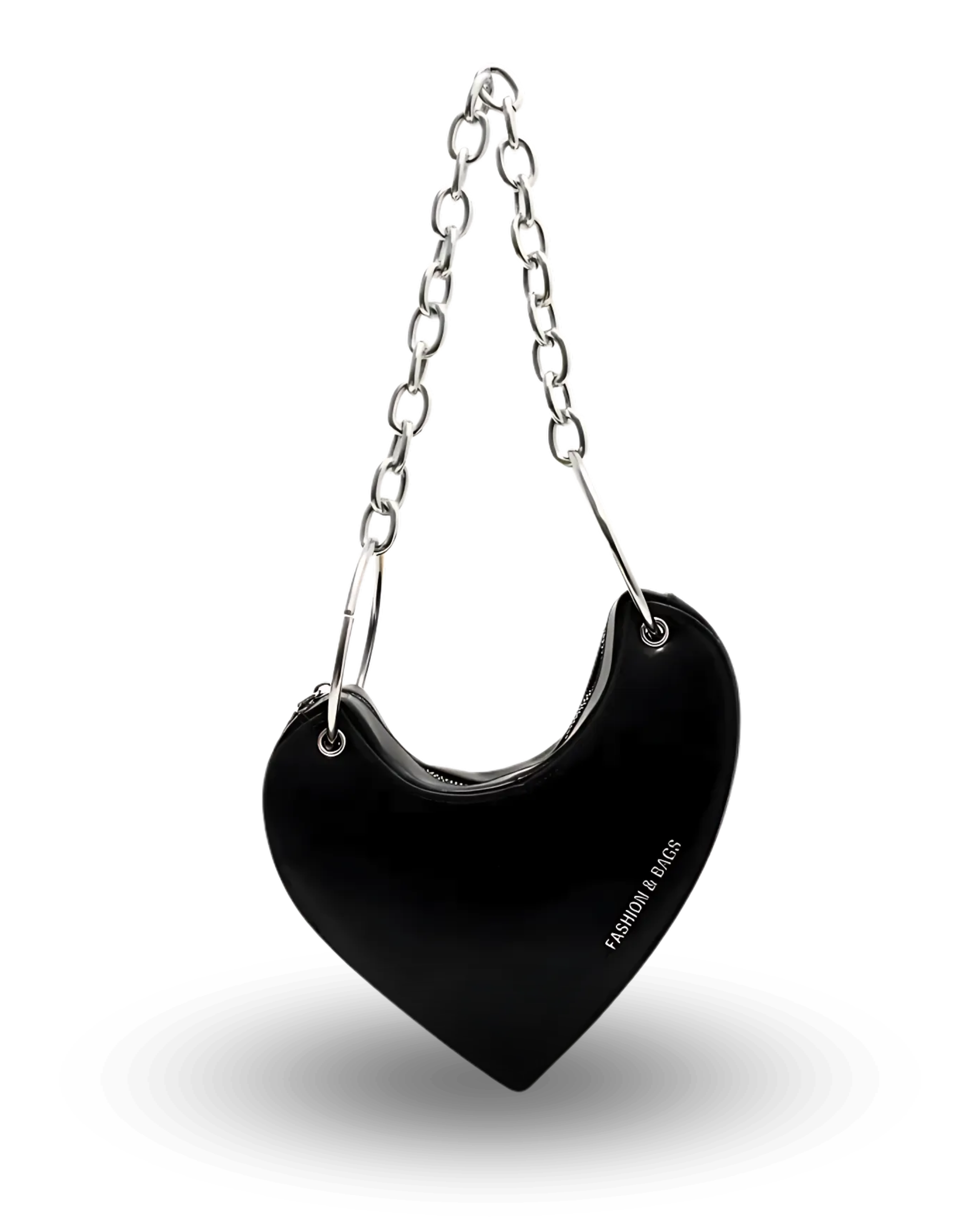 Edgy black heart-shaped handbag with chunky silver chain strap, glossy finish, and bold asymmetrical design for a chic night-out look.