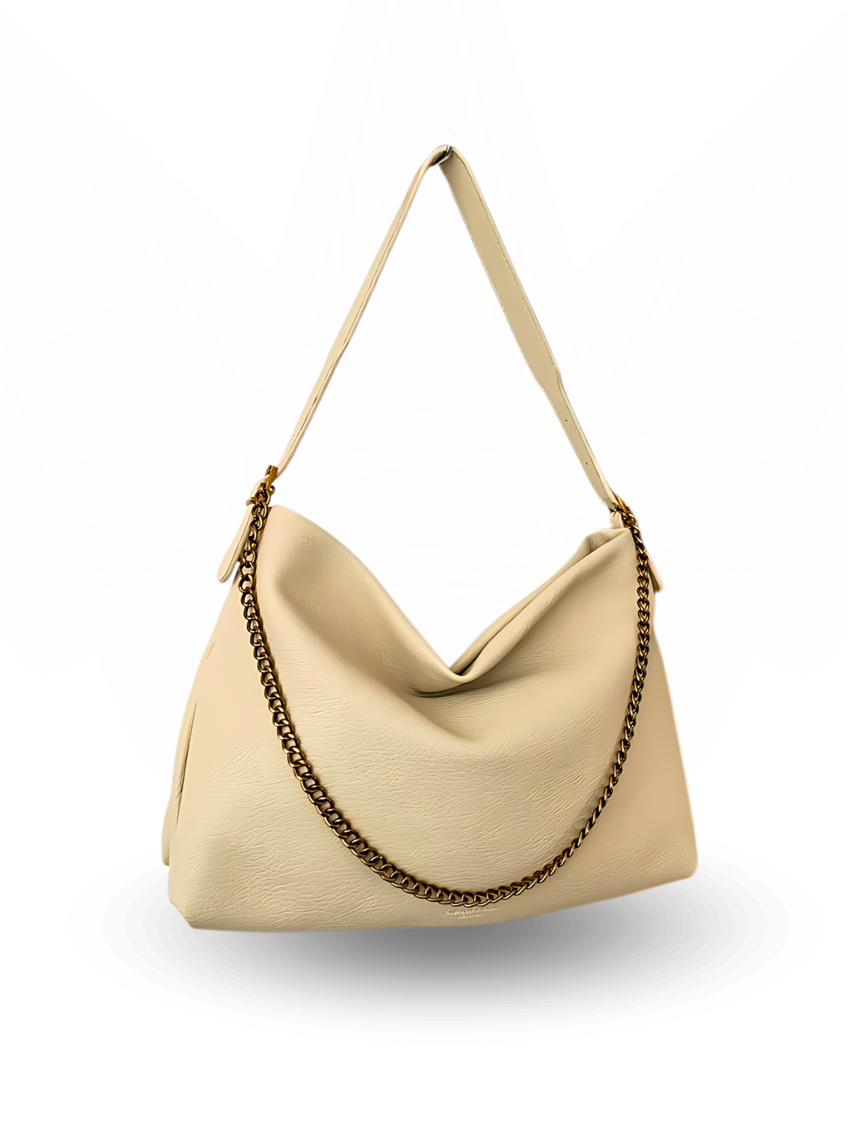 Beige handbag with a chain detail on a white background