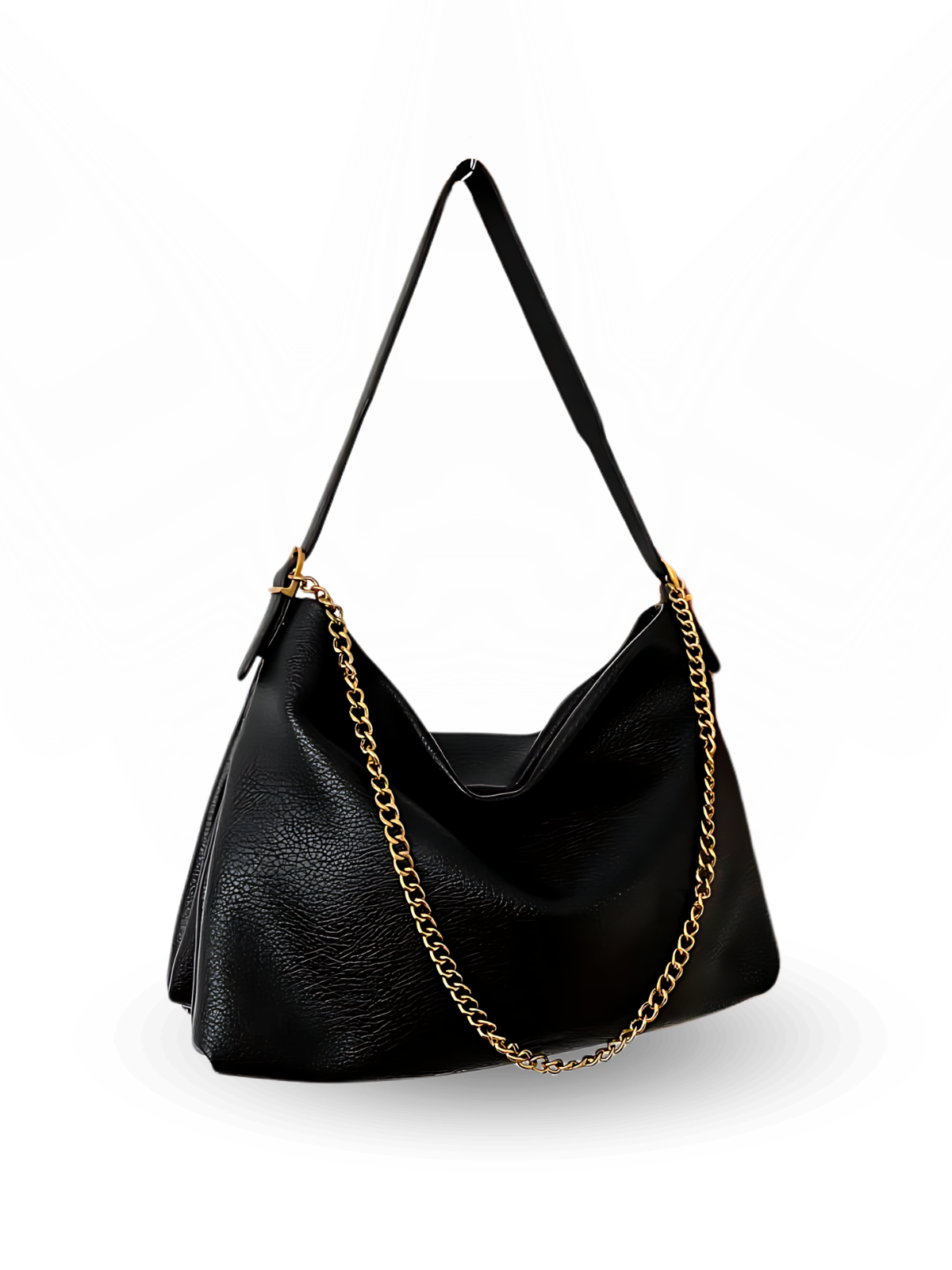 Black handbag with a gold chain detail on a white background