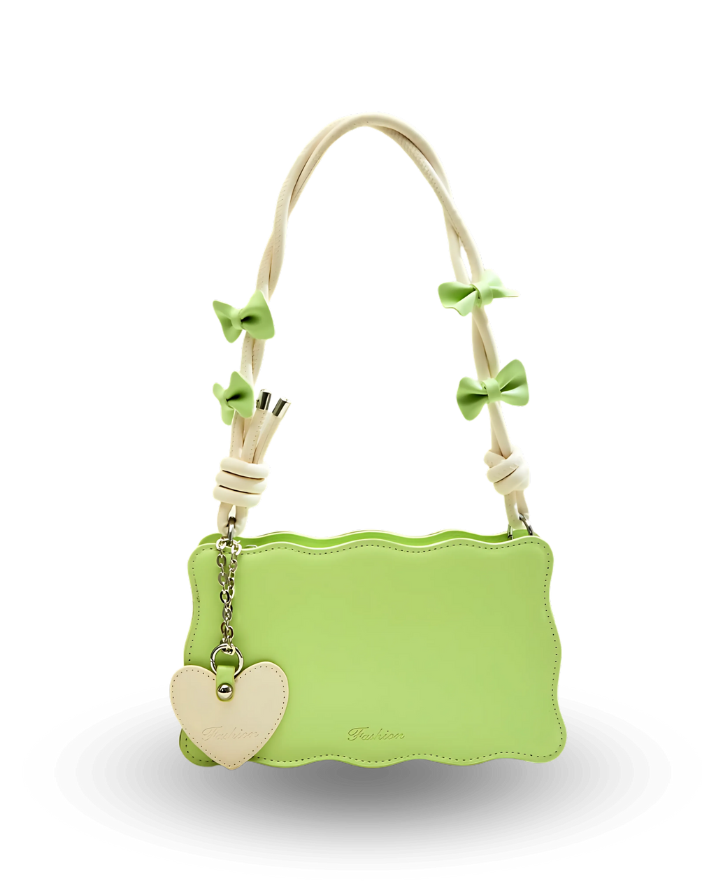 Light green handbag with scalloped edges, cream twisted handle decorated with green bows, and heart-shaped charm accent.