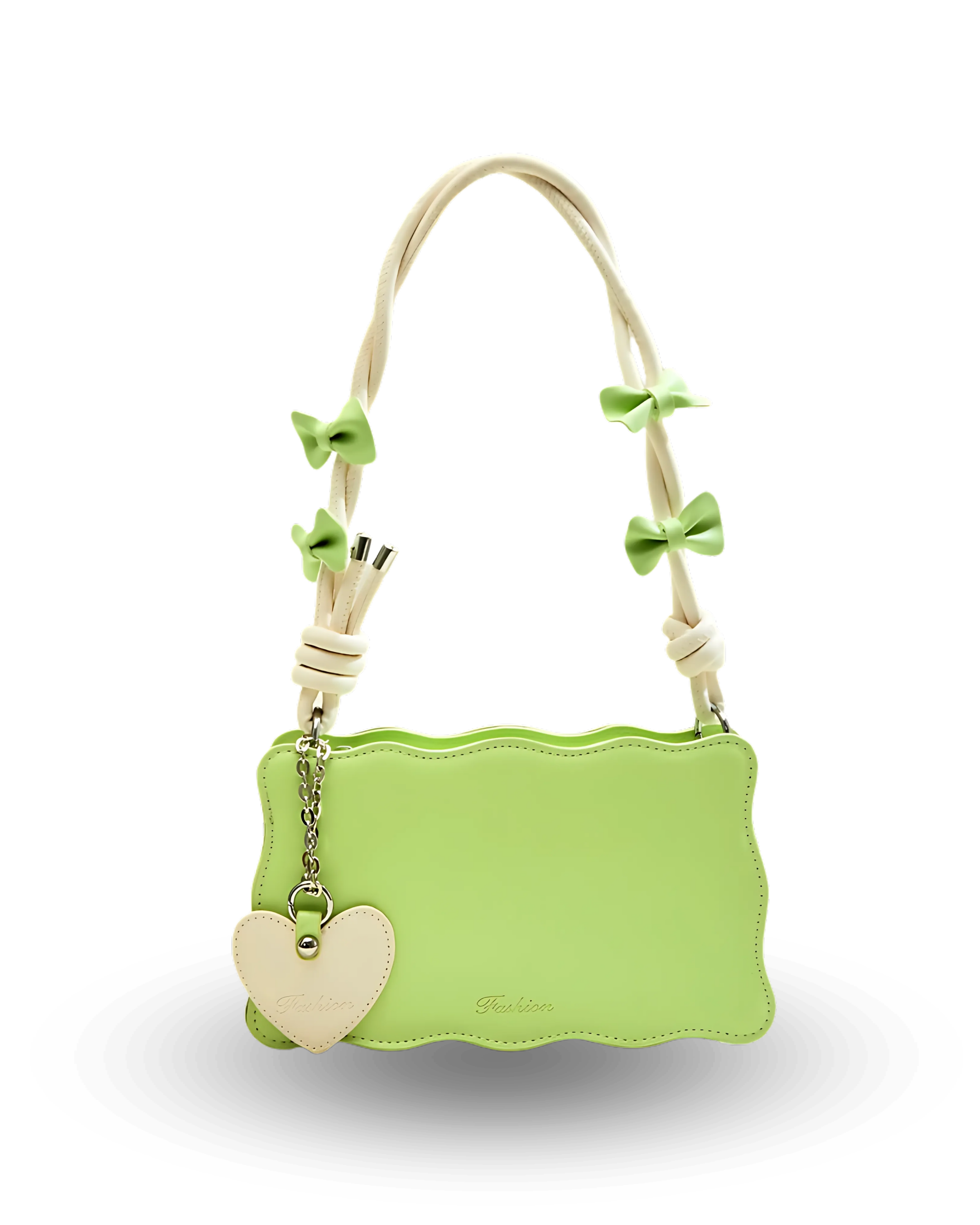Light green handbag with scalloped edges, cream twisted handle decorated with green bows, and heart-shaped charm accent.