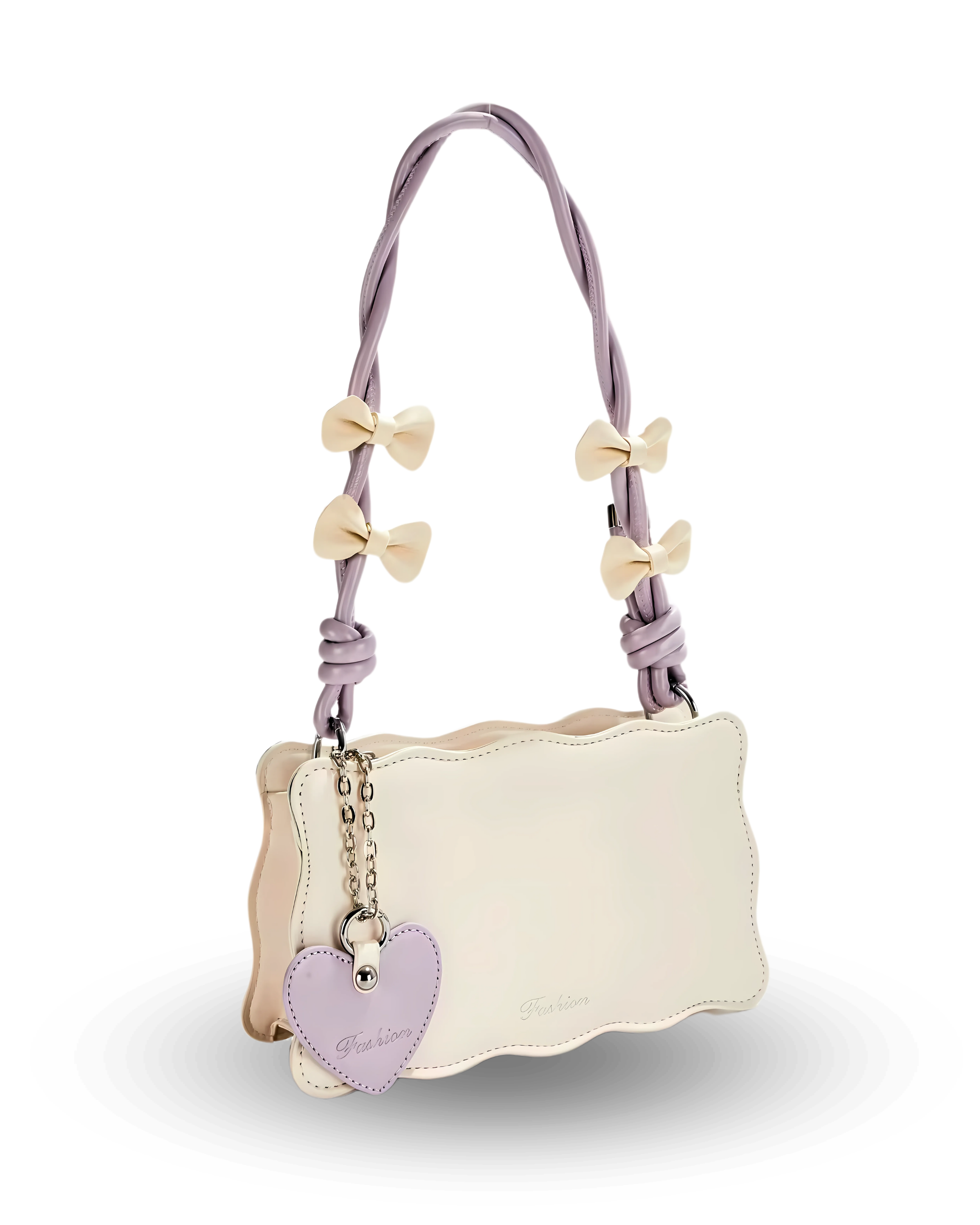 Small cream-colored handbag with a purple strap and heart-shaped tag on a white background