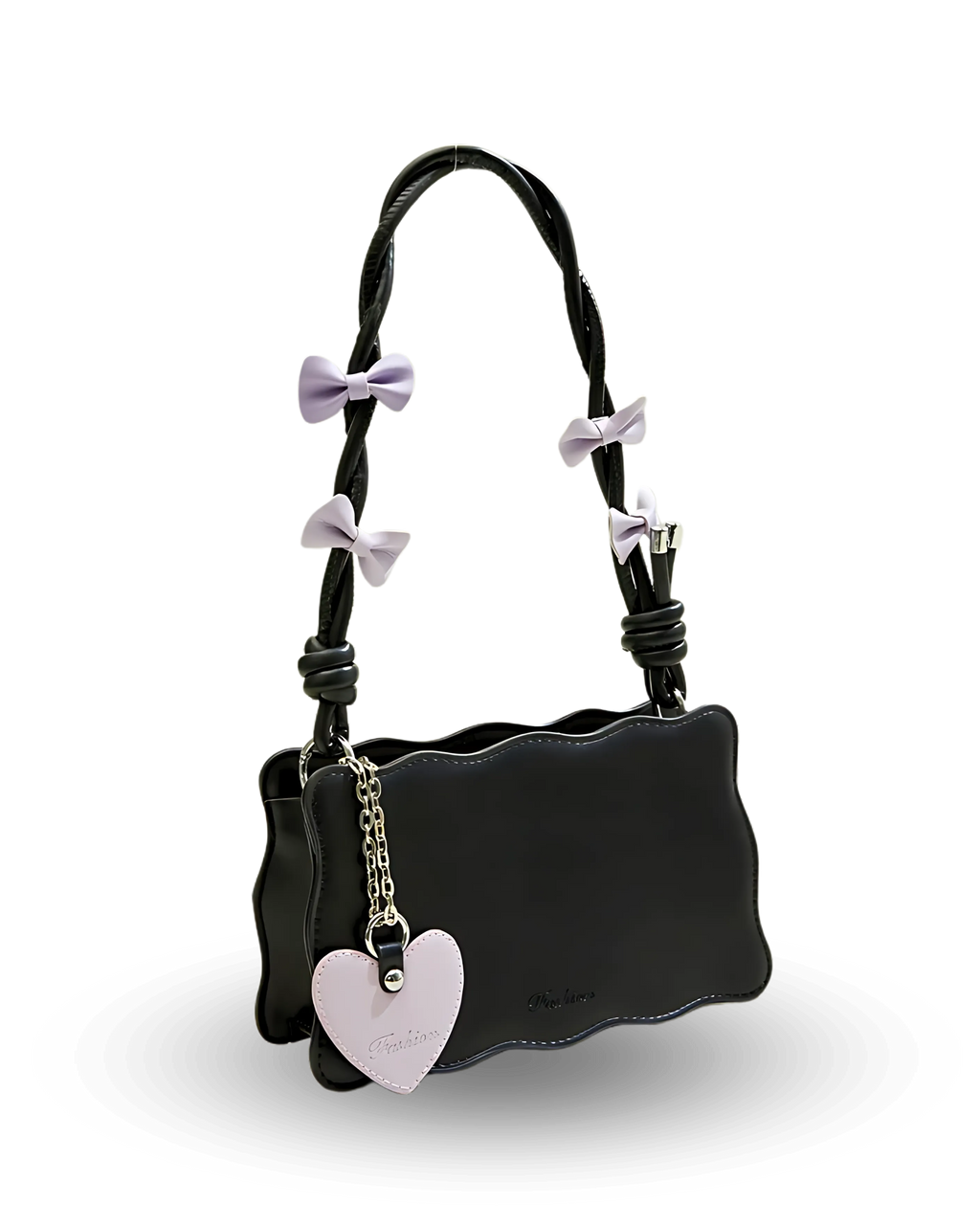 Black handbag with scalloped edges, twisted handle decorated with lavender bows, and heart-shaped charm accent.