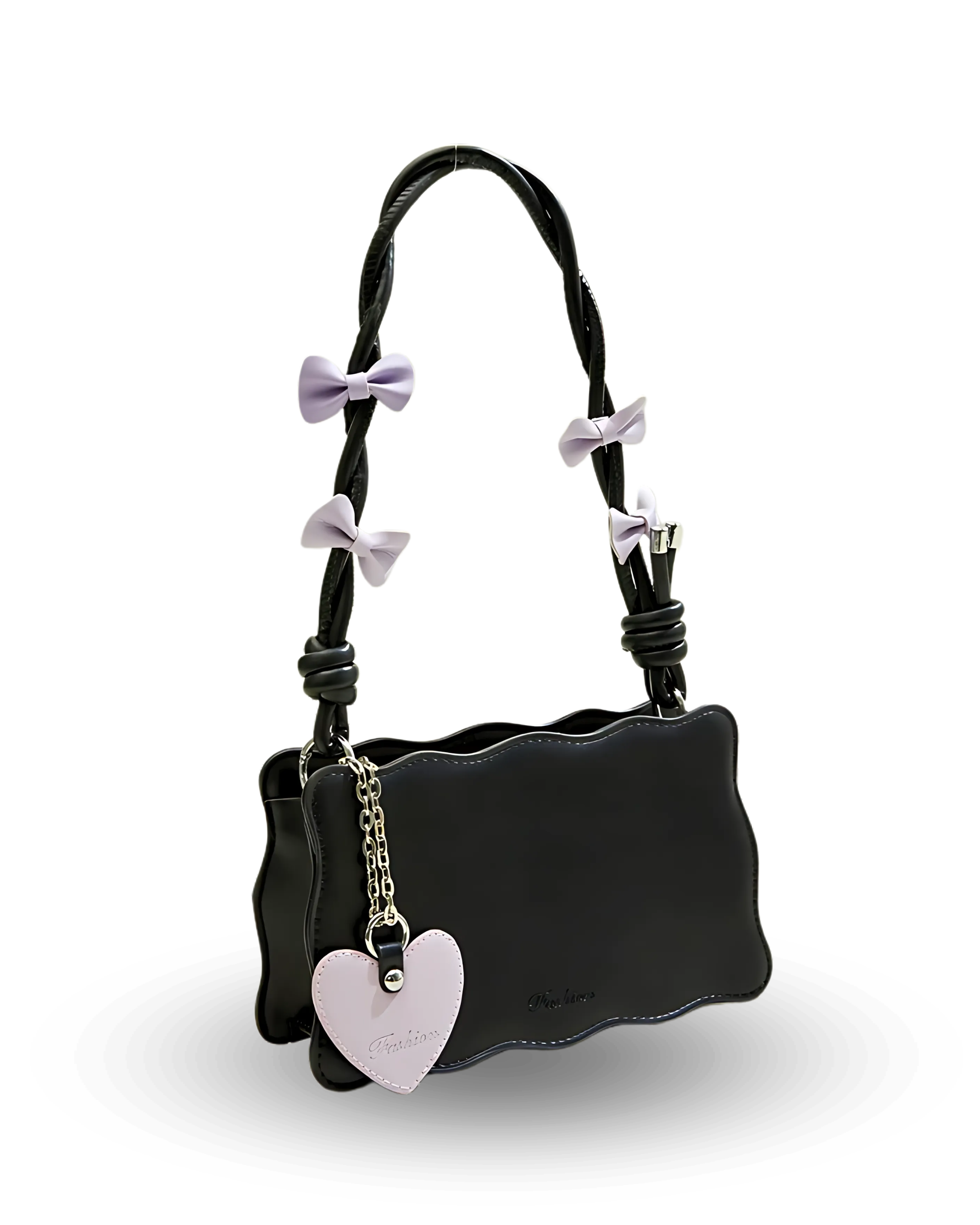 Black handbag with scalloped edges, twisted handle decorated with lavender bows, and heart-shaped charm accent.