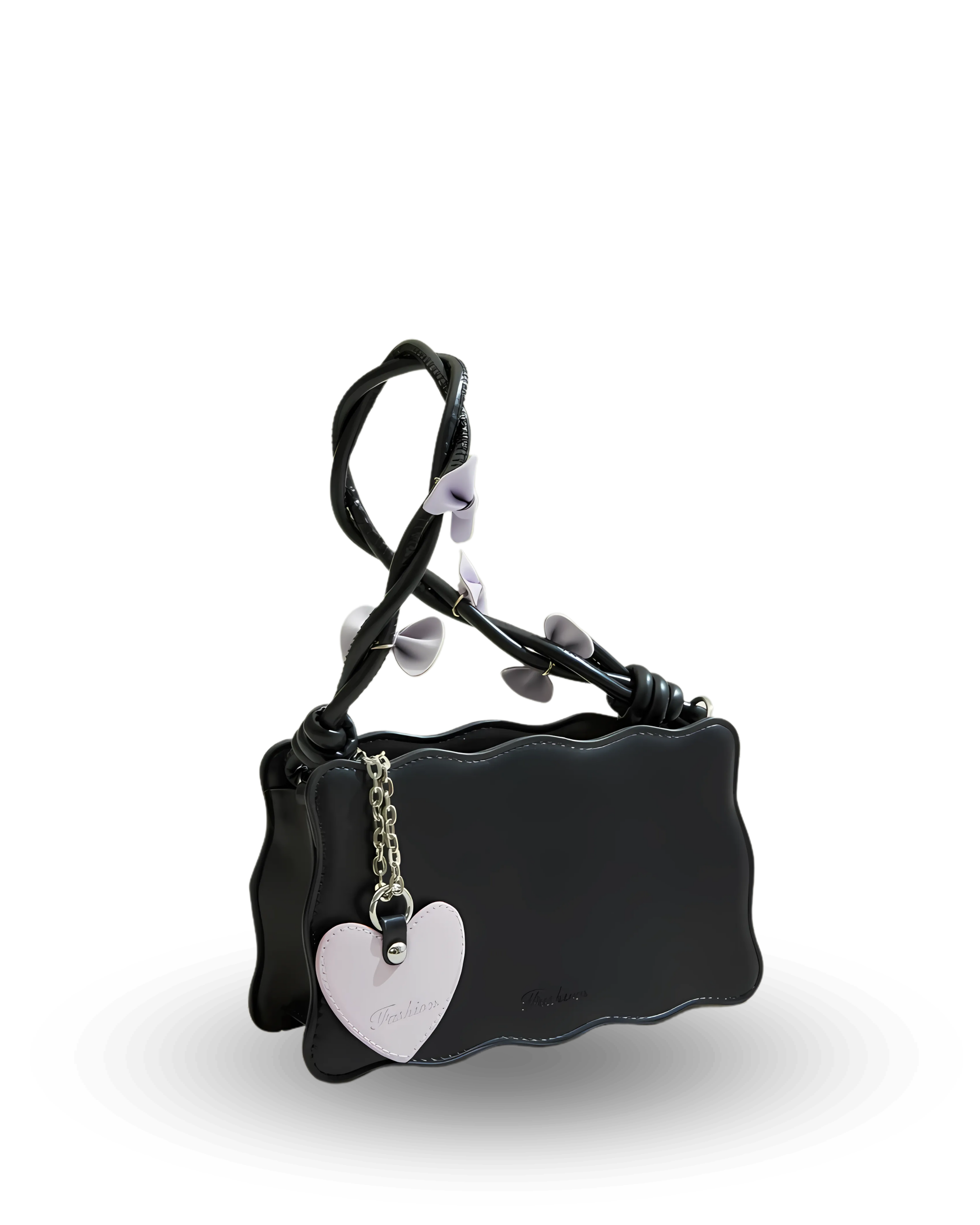 Black handbag with scalloped edges, twisted handle decorated with lavender bows, and heart-shaped charm accent.