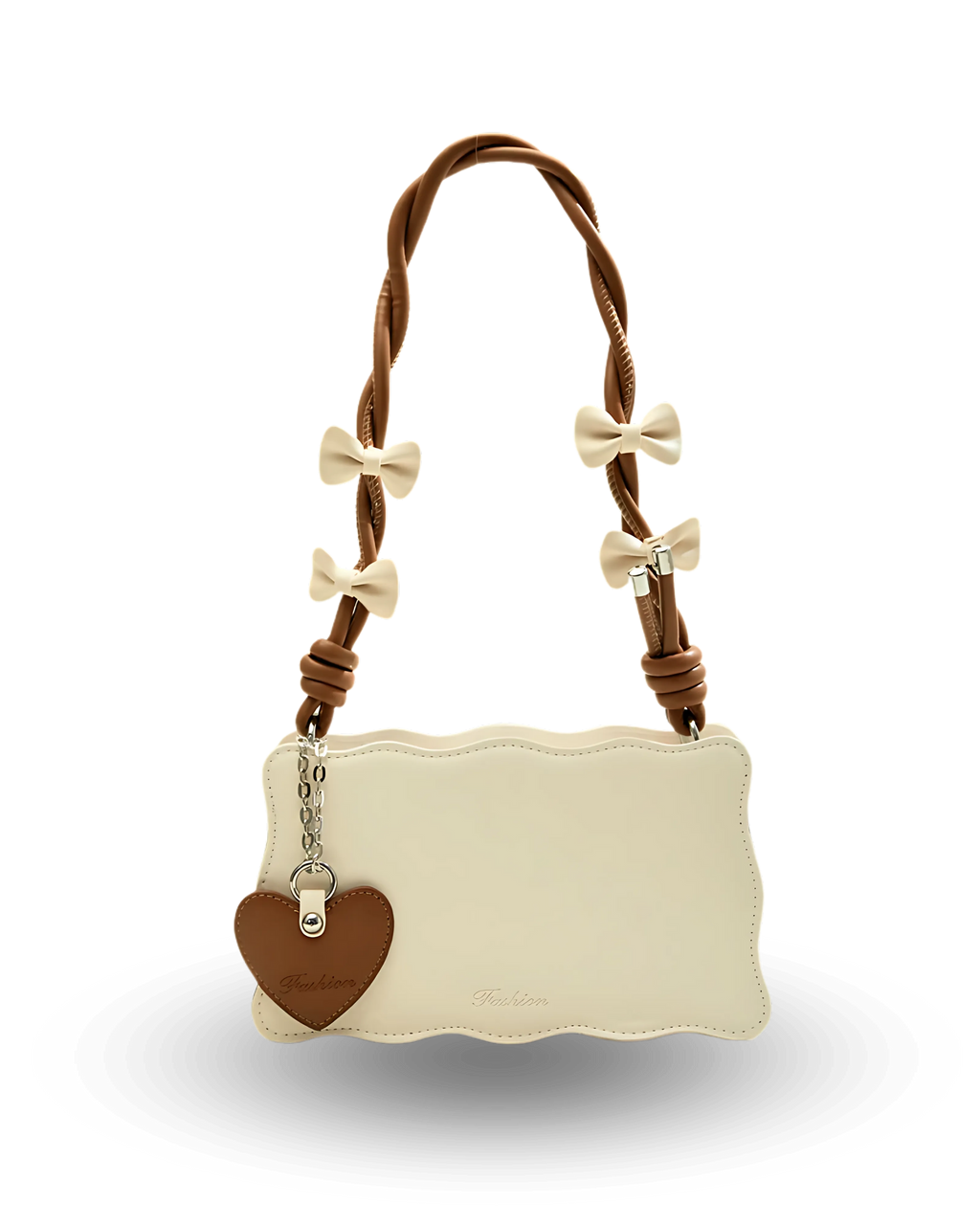 Cream handbag with scalloped edges, brown twisted handle decorated with ivory bows, and brown heart-shaped charm accent.