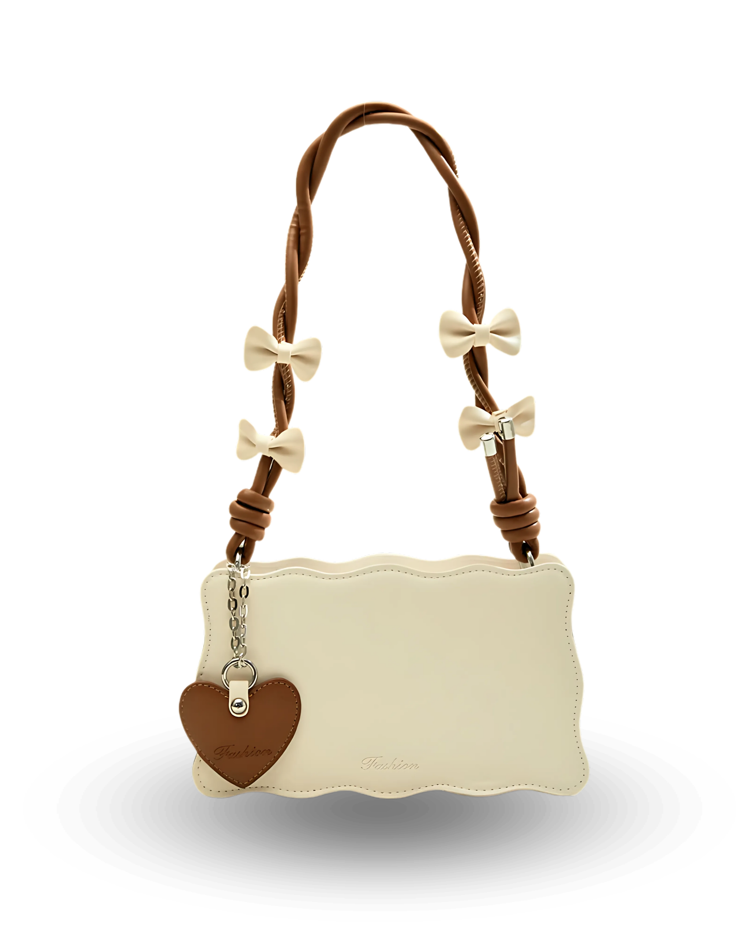 Cream handbag with scalloped edges, brown twisted handle decorated with ivory bows, and brown heart-shaped charm accent.