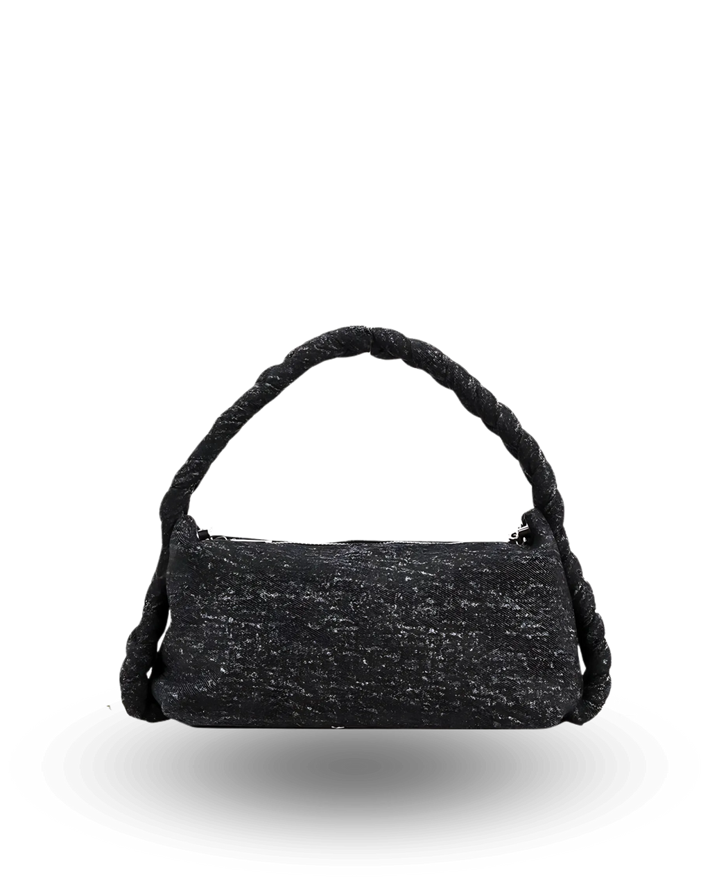 Casual Black denim handbag with soft crescent shape, braided top handle, and chain shoulder strap — trendy women’s purse for everyday outfits.