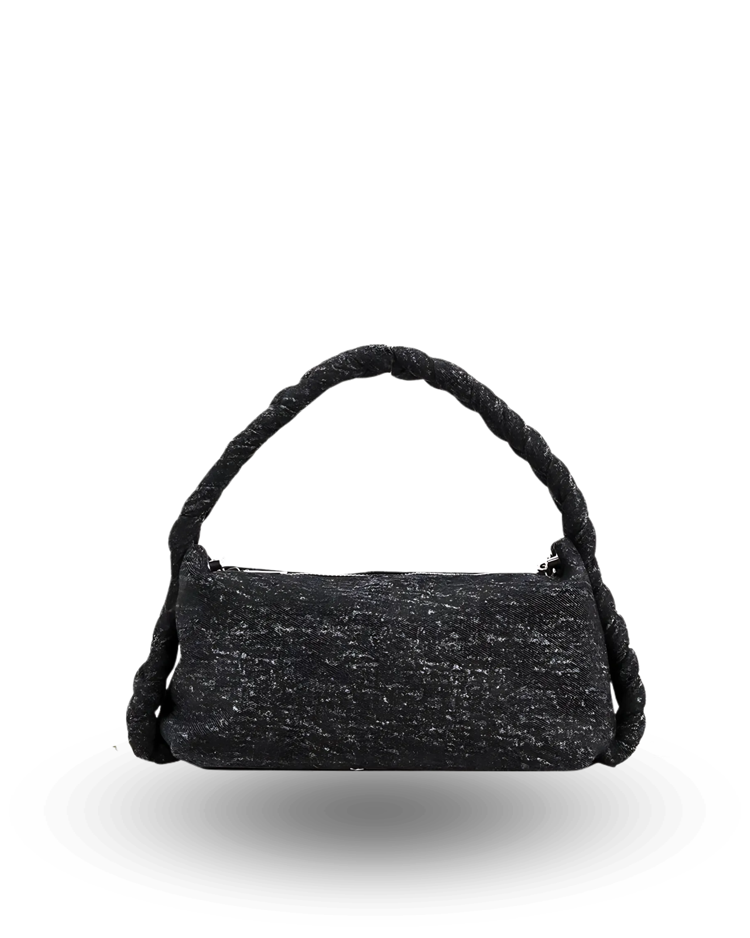 Casual Black denim handbag with soft crescent shape, braided top handle, and chain shoulder strap — trendy women’s purse for everyday outfits.