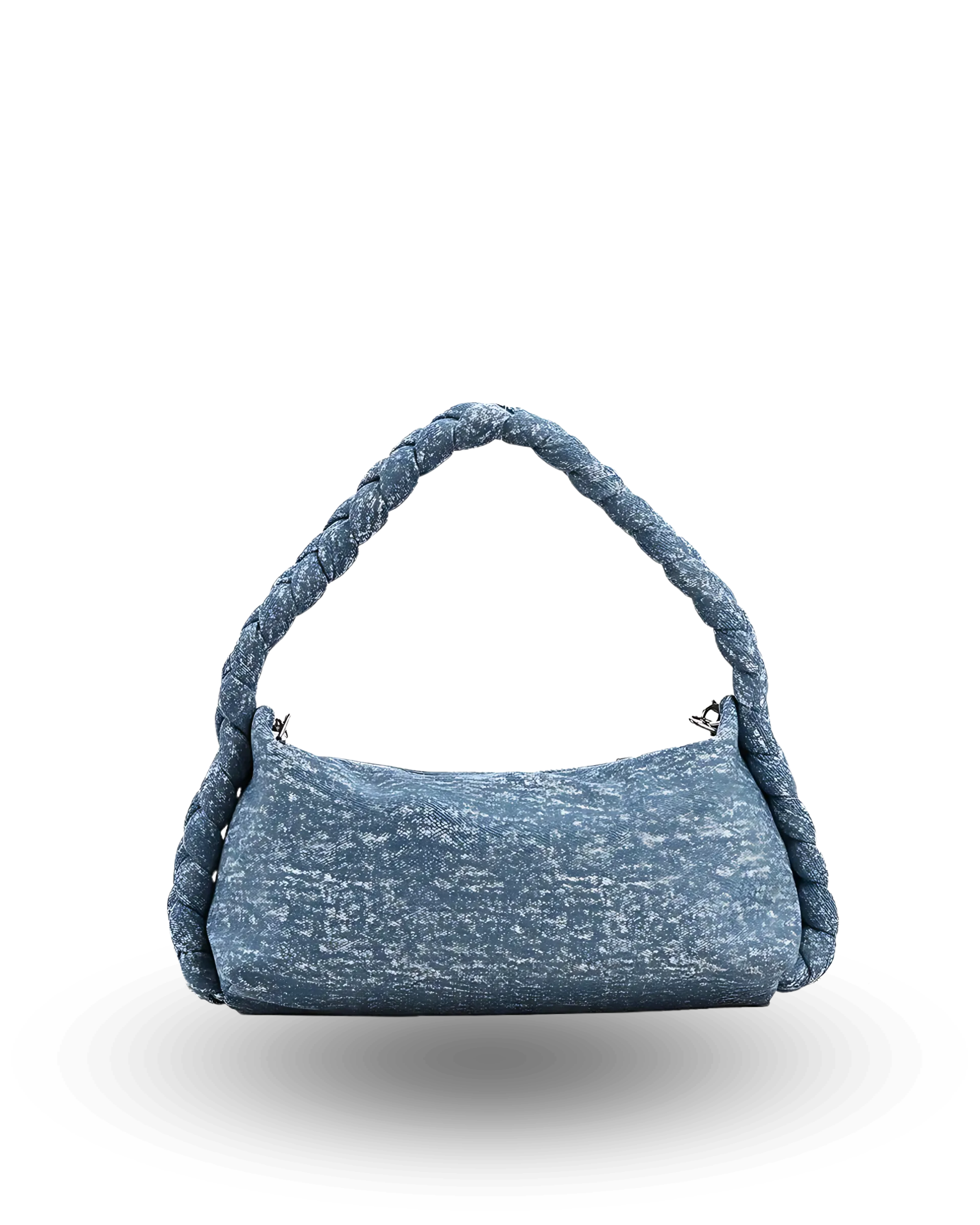 Casual blue denim handbag with soft crescent shape, braided top handle, and chain shoulder strap — trendy women’s purse for everyday outfits.