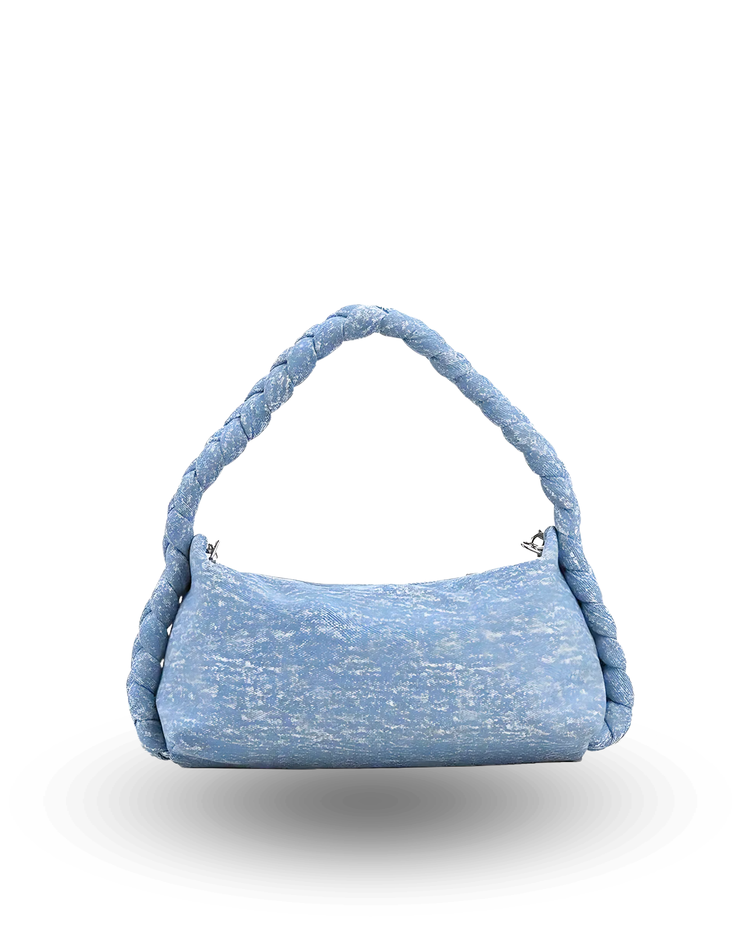 Casual light blue denim handbag with soft crescent shape, braided top handle, and chain shoulder strap — trendy women’s purse for everyday outfits.