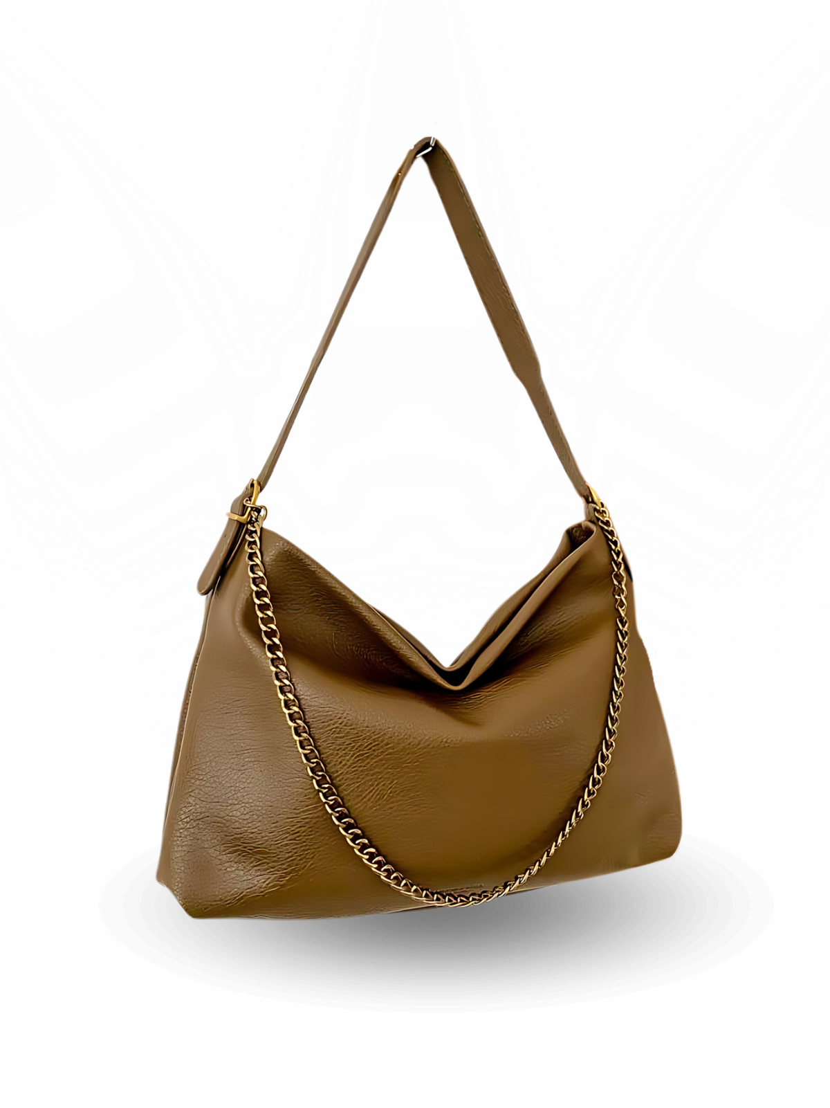 Brown handbag with a chain detail on a white background