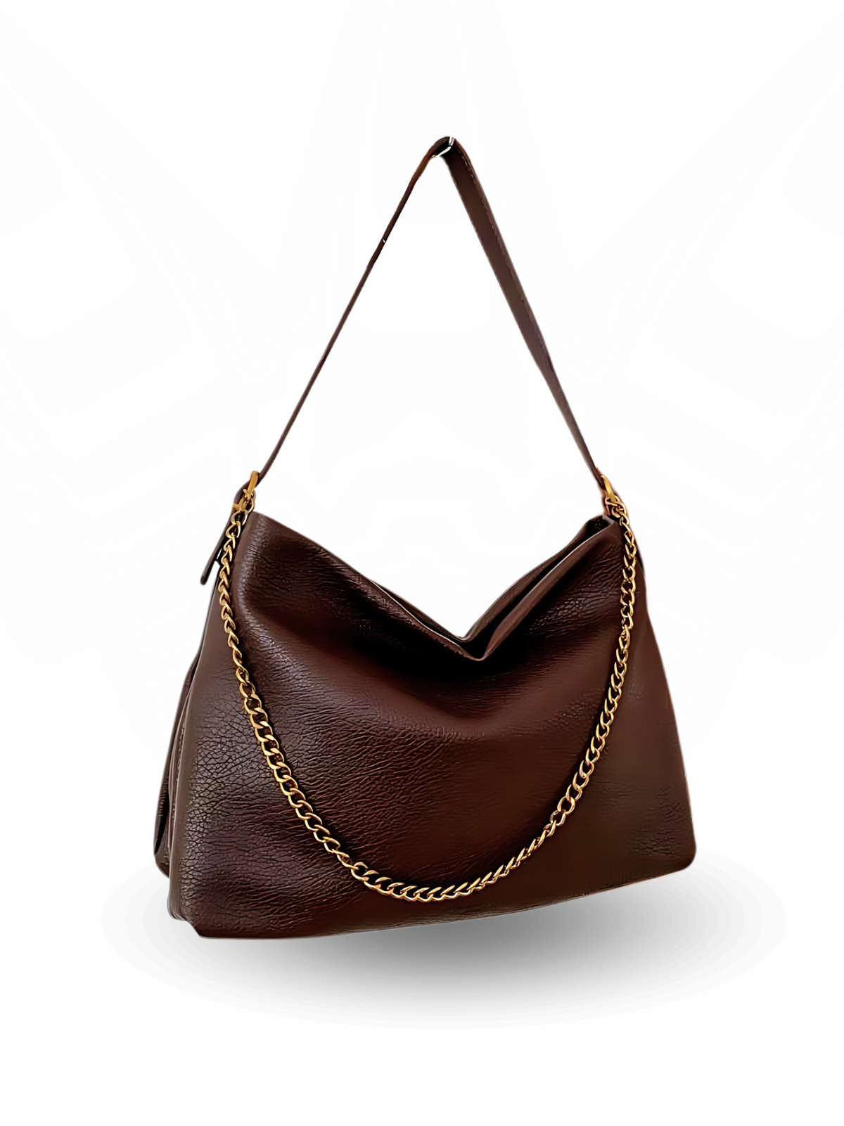 Brown handbag with a gold chain on a white background