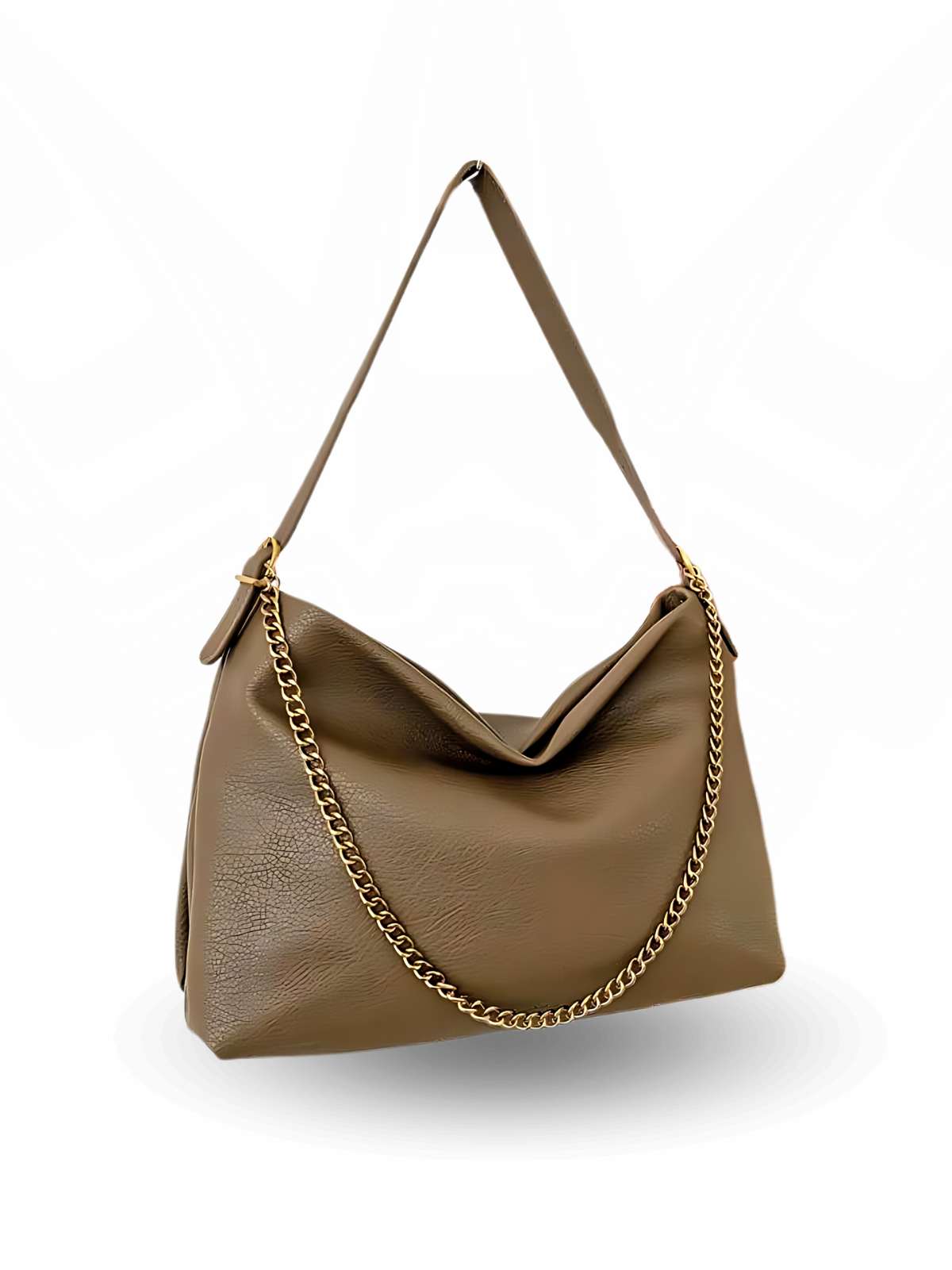 Brown handbag with a gold chain on a white background