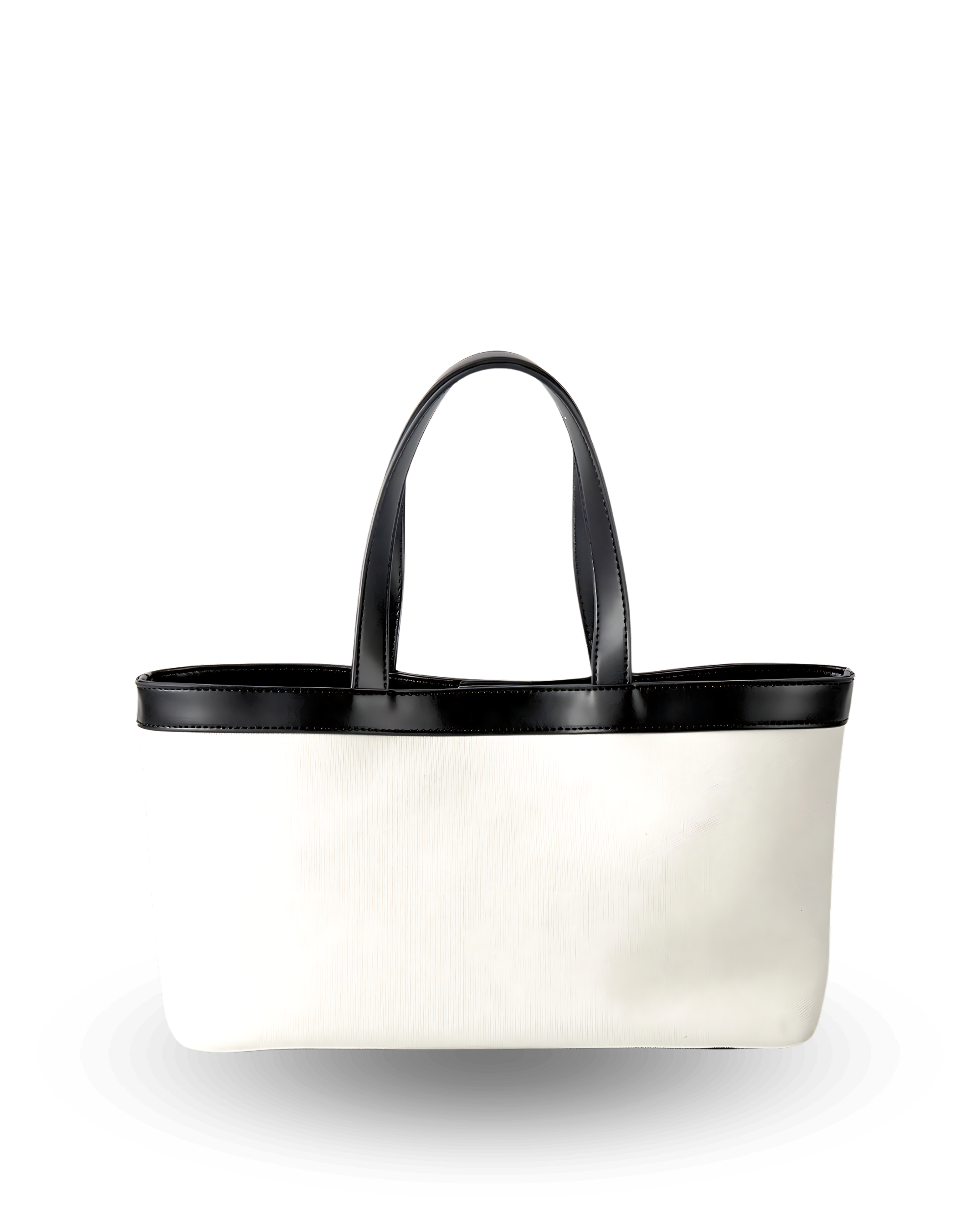 Rectangular box-shaped white canvas tote with black vegan leather trim, flat base, straight structured sides, and short dual top handles for a clean, minimalist silhouette.