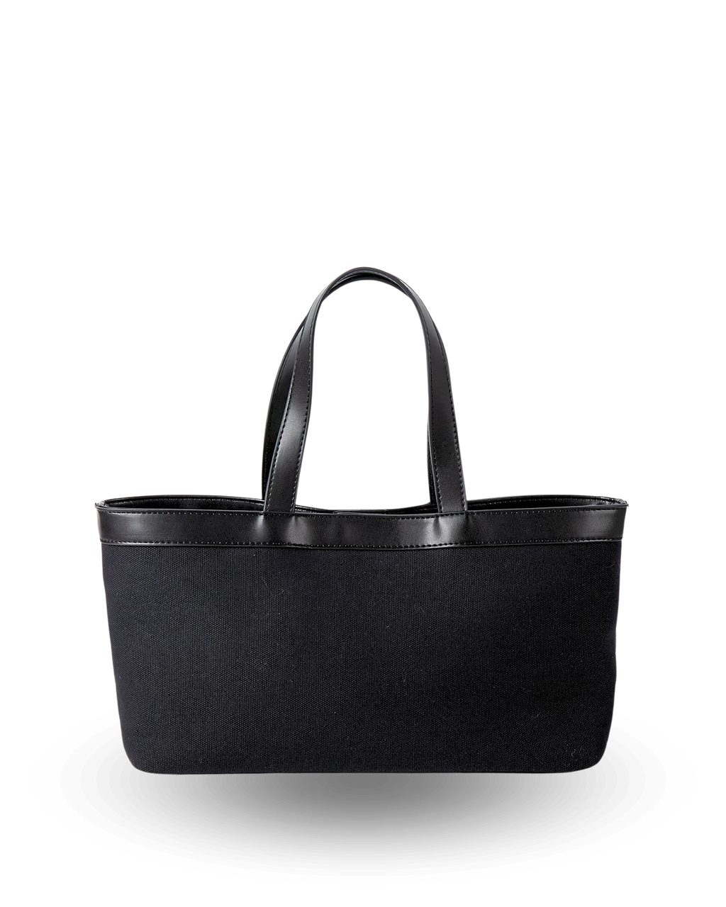 Rectangular black canvas tote with a flat base, straight structured sides, and black vegan leather trim along the top edge, finished with short dual handles for a sleek, classic silhouette.