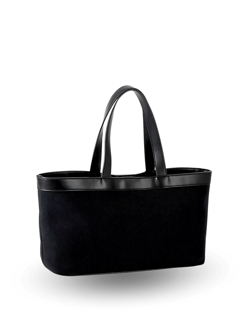 Rectangular black canvas tote with a flat base, straight structured sides, and black vegan leather trim along the top edge, finished with short dual handles for a sleek, classic silhouette.