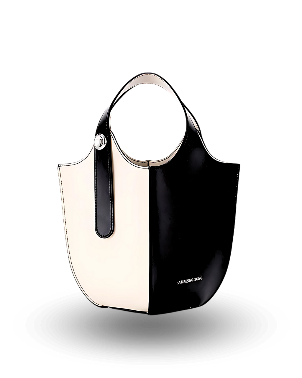 Two-tone black and white bucket handbag with round top handles, contrast stitching, and glossy finish
