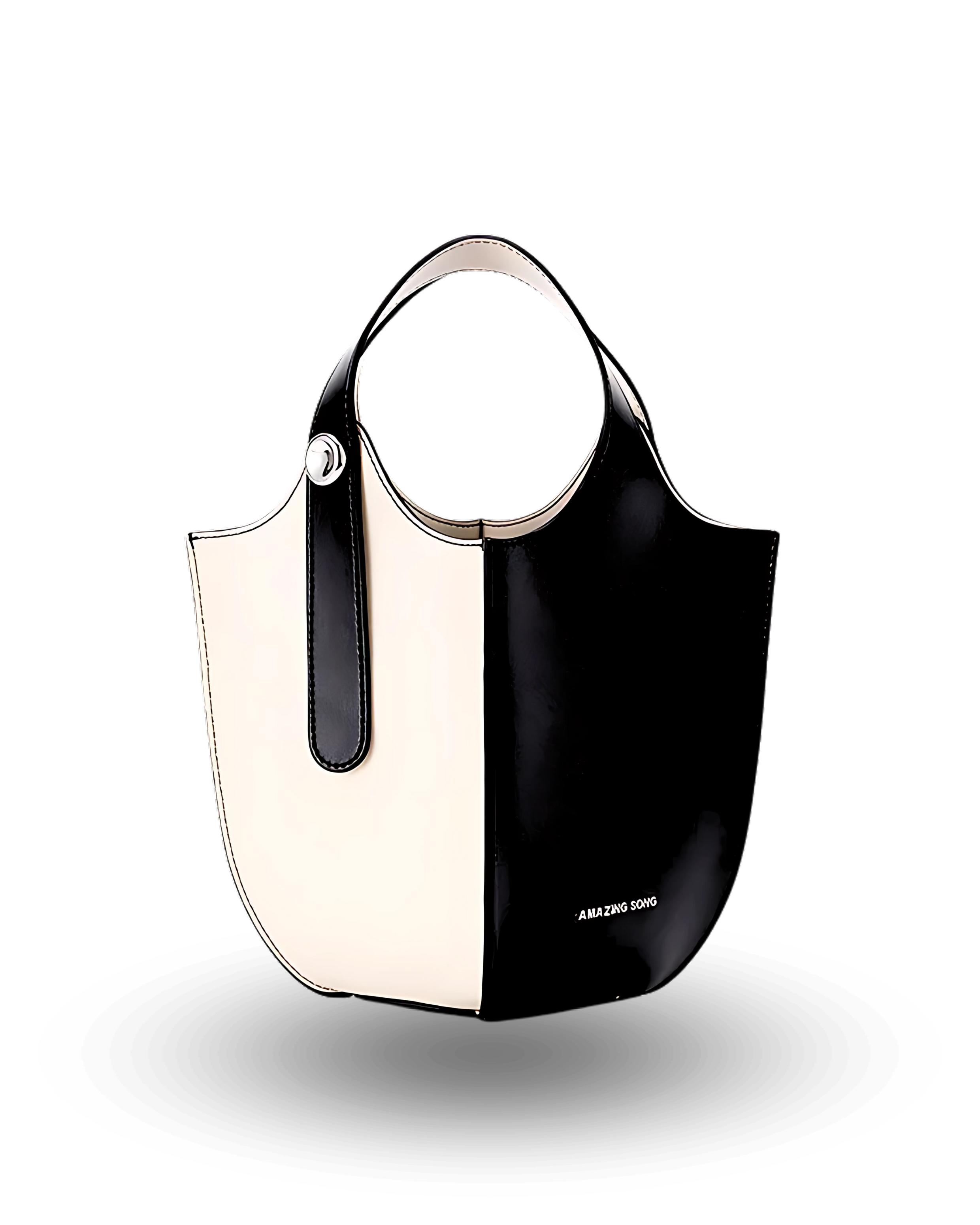 Two-tone black and white bucket handbag with round top handles, contrast stitching, and glossy finish