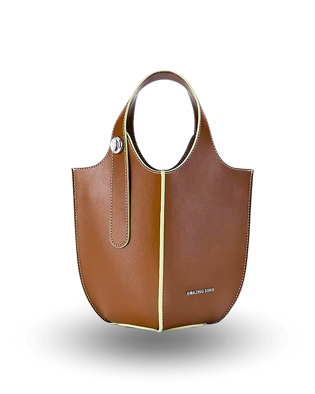 Brown bucket handbag with lime green contrast trim, round top handles, and structured design