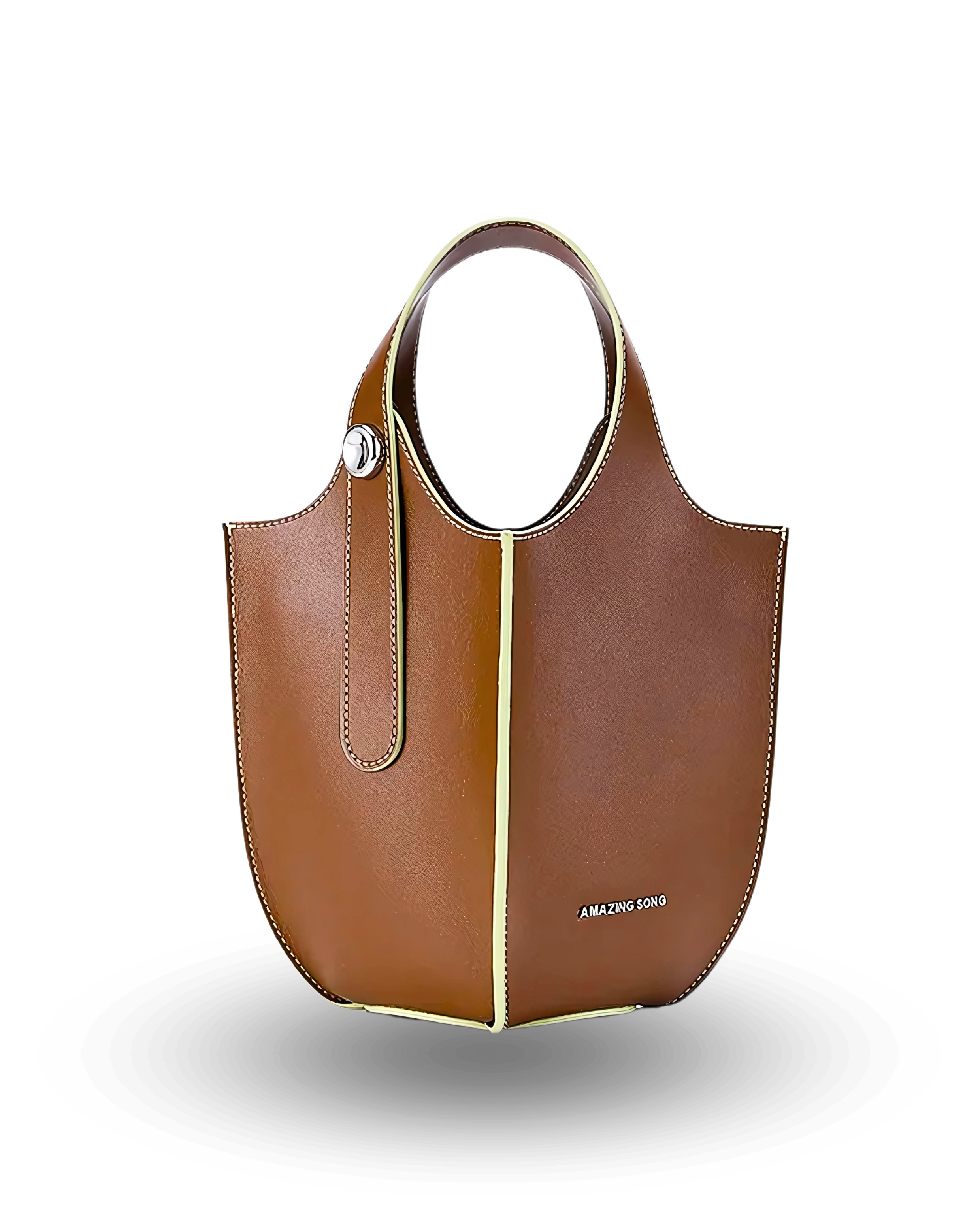Brown bucket handbag with lime green contrast trim, round top handles, and structured design