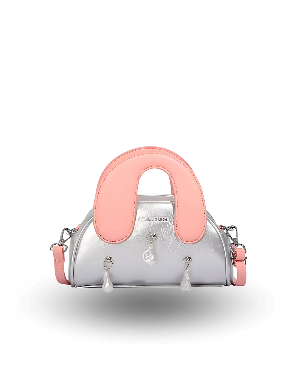 Silver handbag with pink handle on a white background