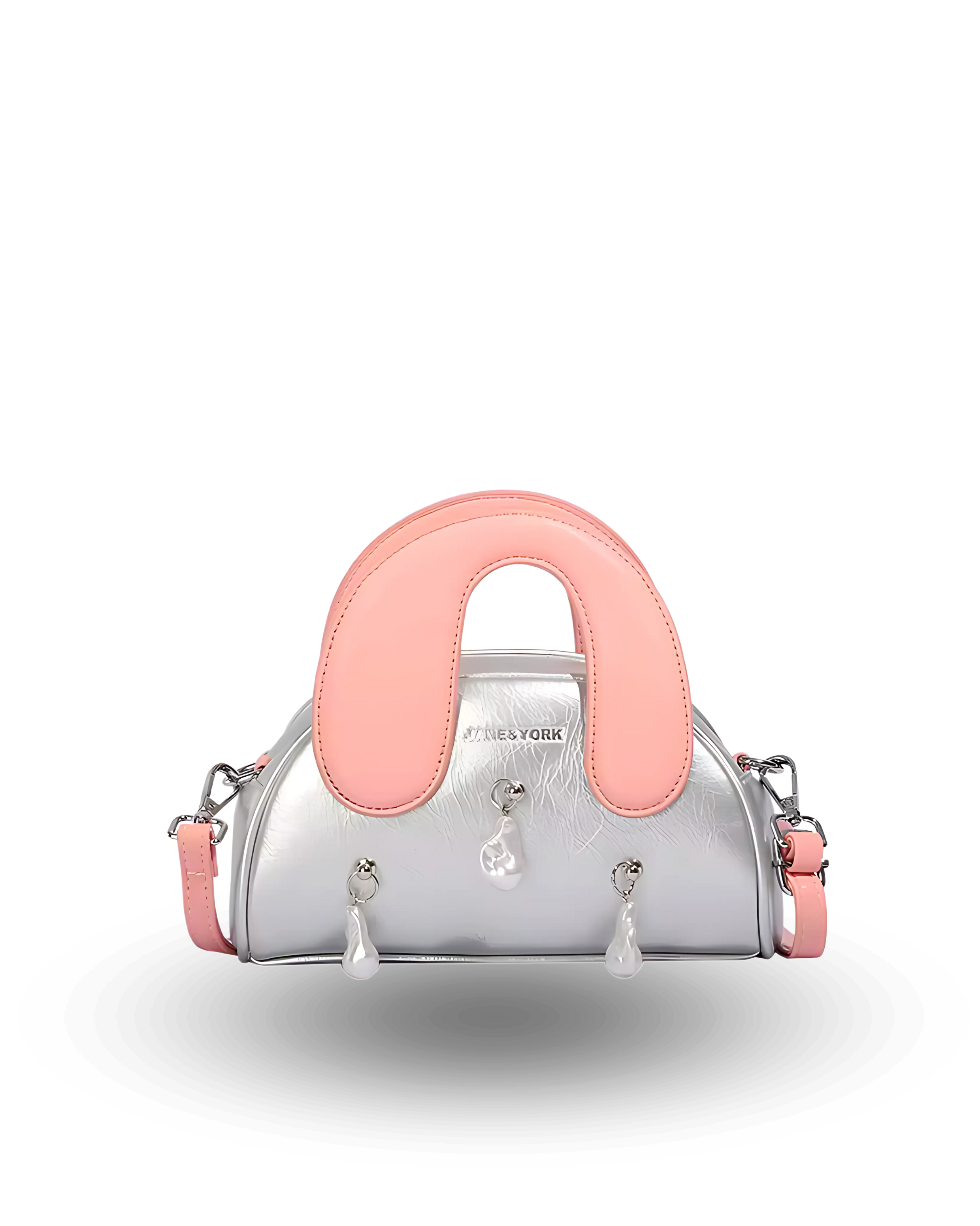 Silver handbag with pink handle on a white background