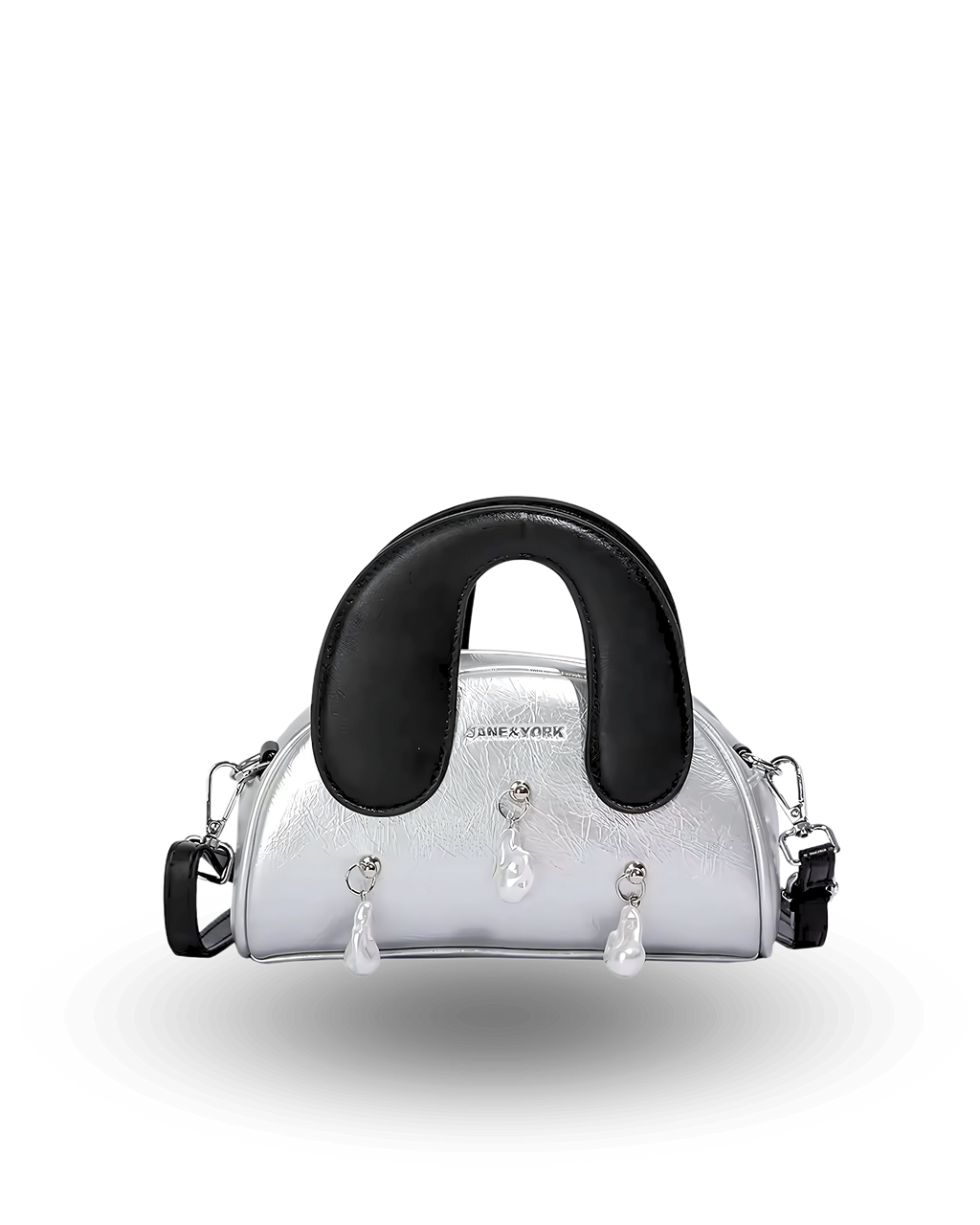 Silver handbag with black handle on a white background